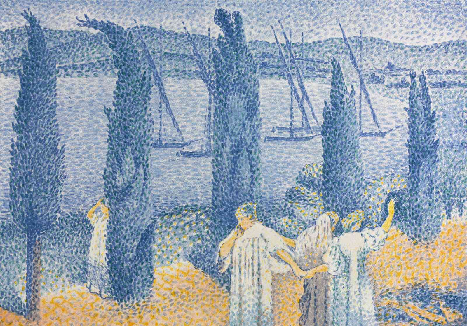 Pointillist Seascape with Cypress Trees Wall Art