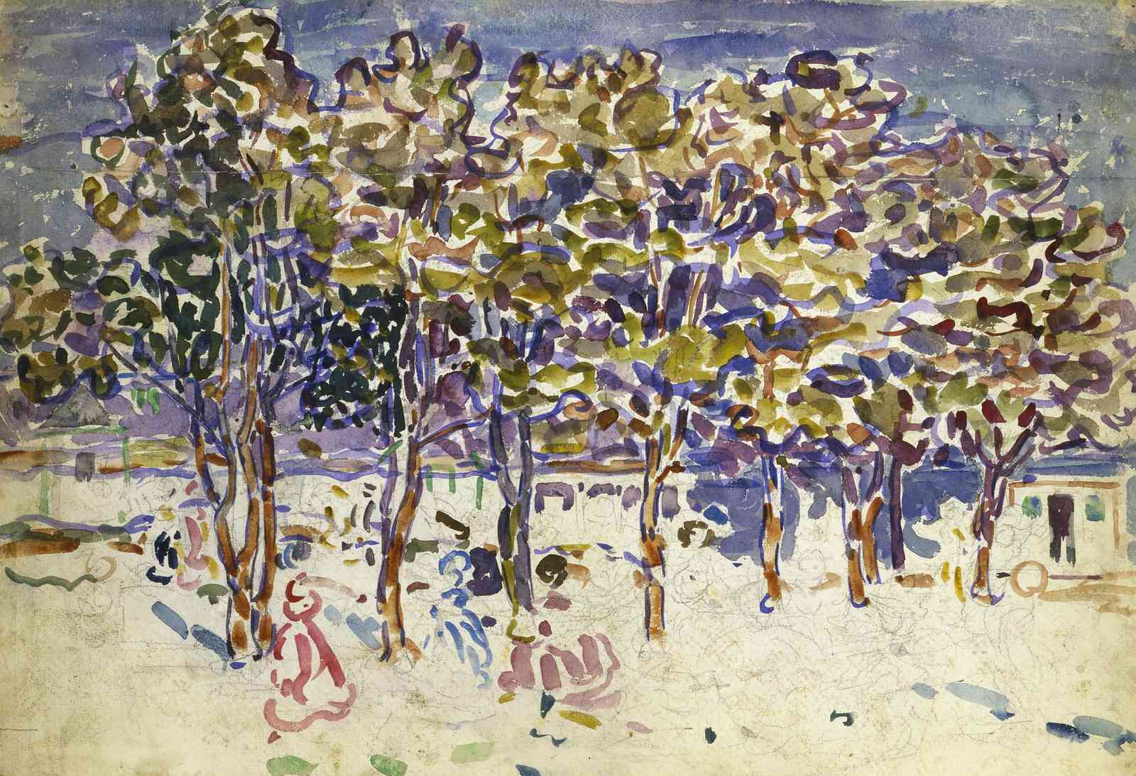 Vibrant Trees & Figures Watercolor Wall Art
