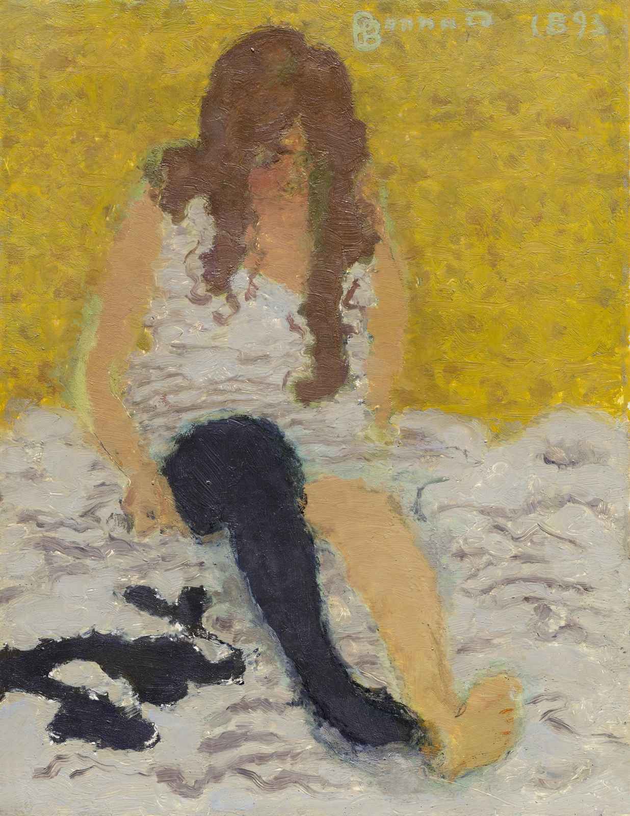 Vintage Woman Sitting Yellow Wall Art