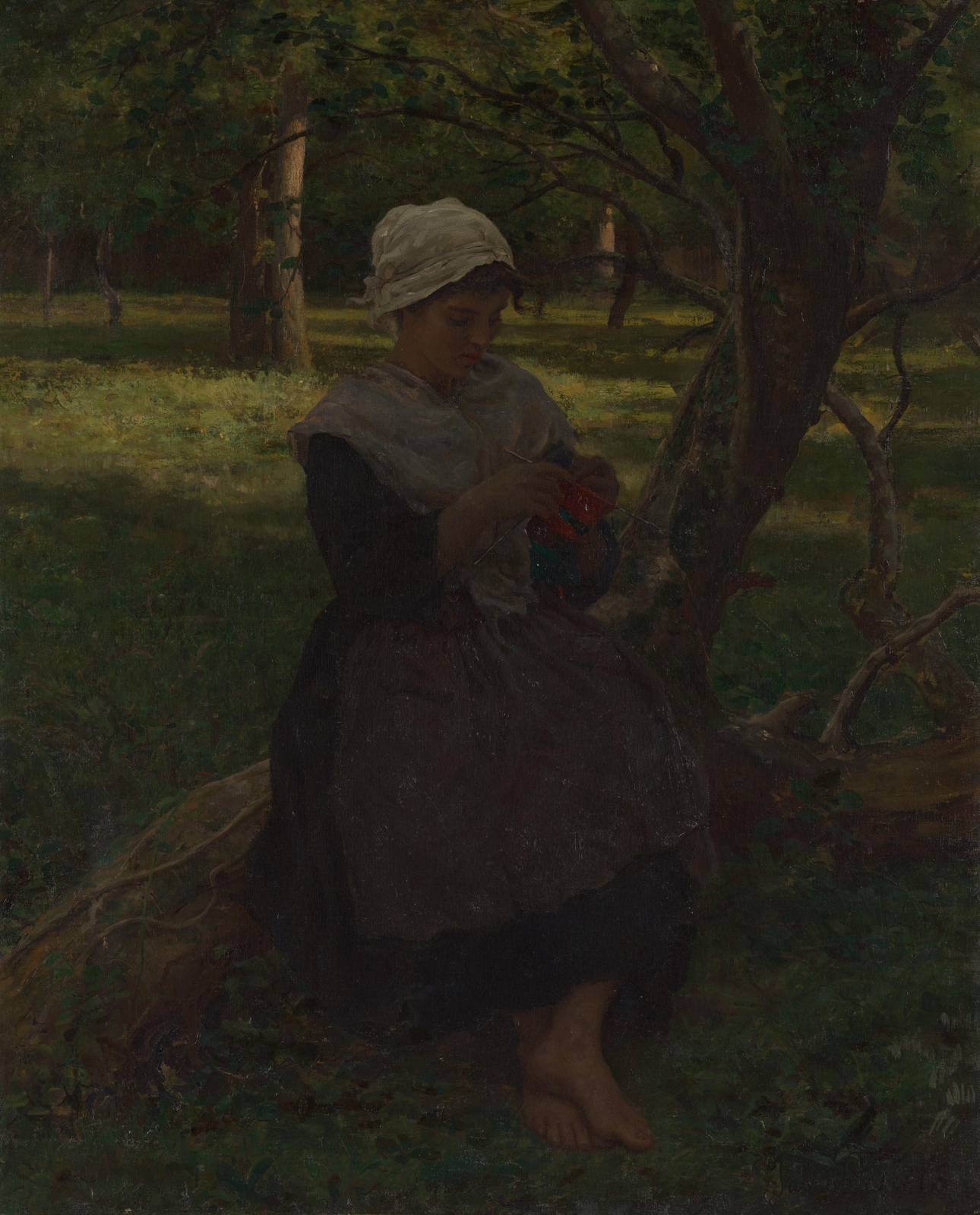 Young Woman Knitting by Tree Wall Art