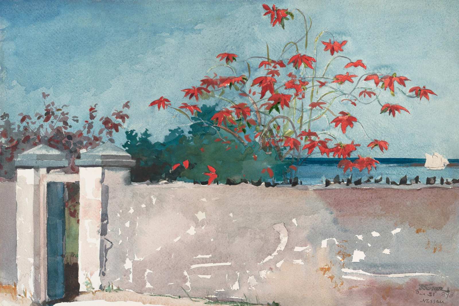 Vibrant Tropical Gate & Ocean Watercolor Wall Art