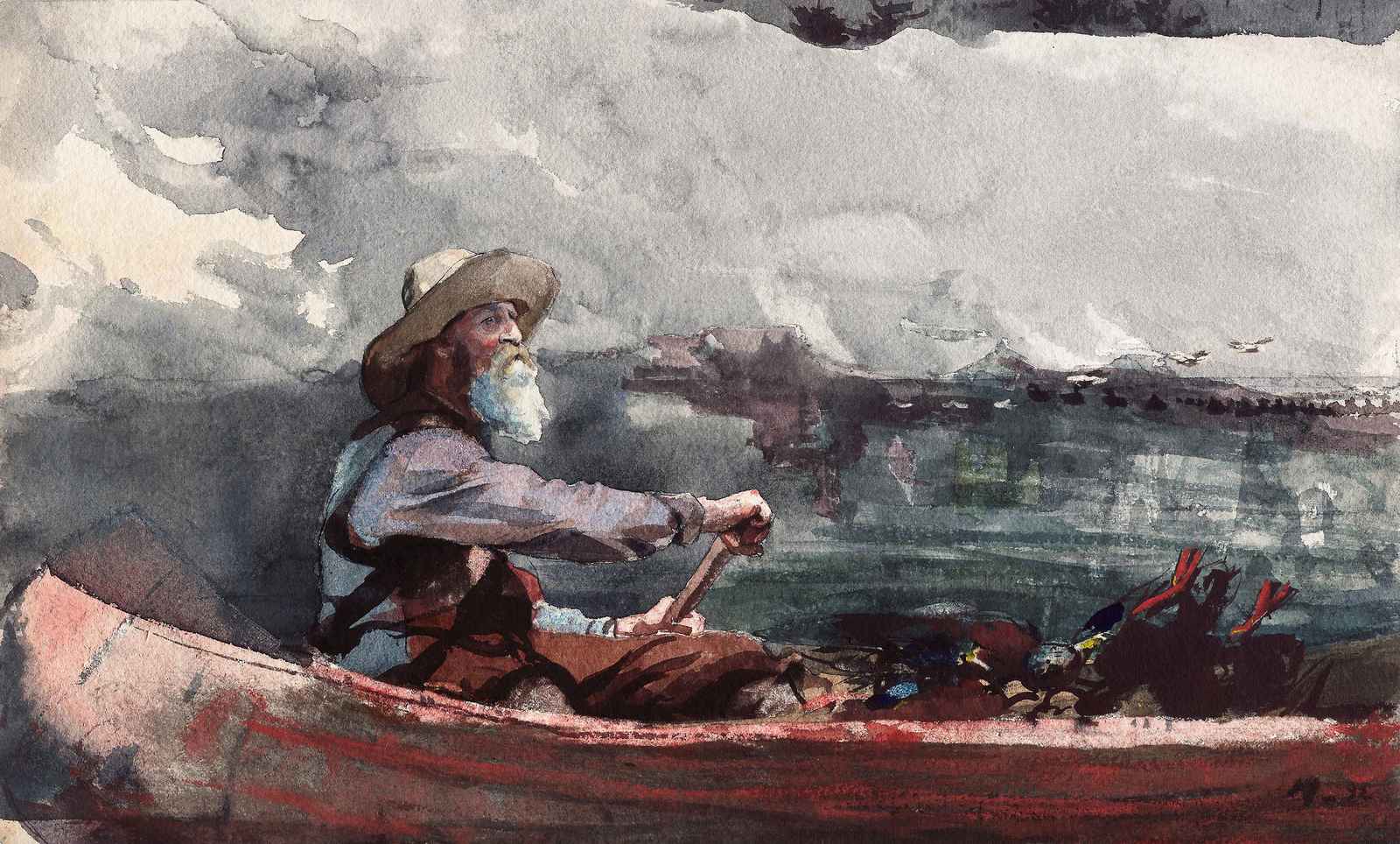 Canoe Fisherman Landscape Watercolor Wall Art