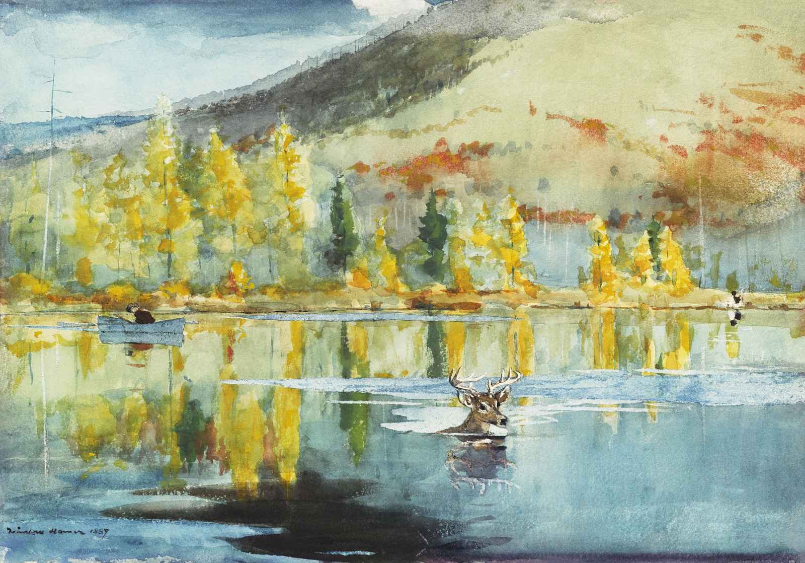 Majestic Deer Lake Watercolor Wall Art