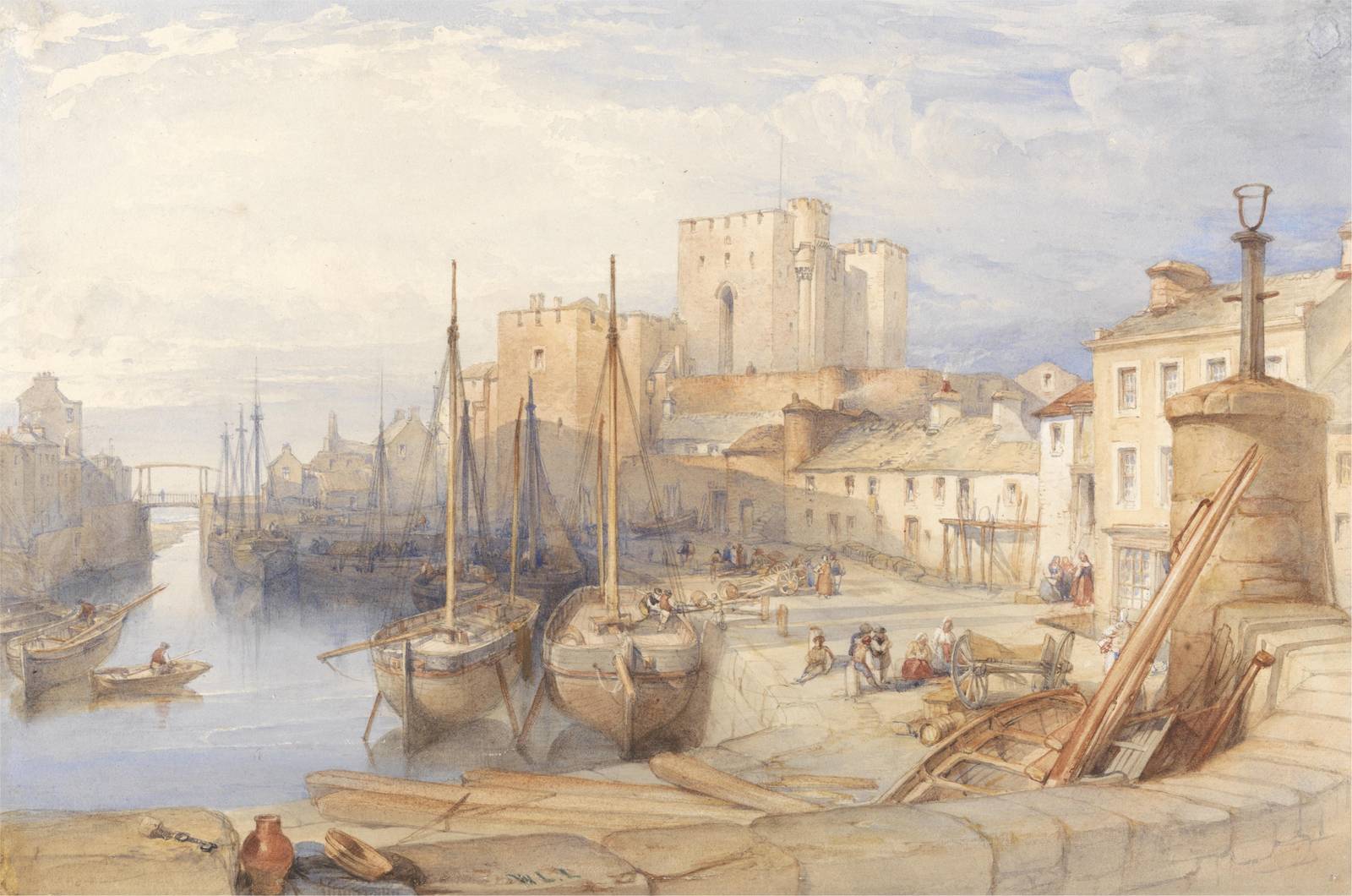 Historic Harbor with Castle Watercolor Wall Art