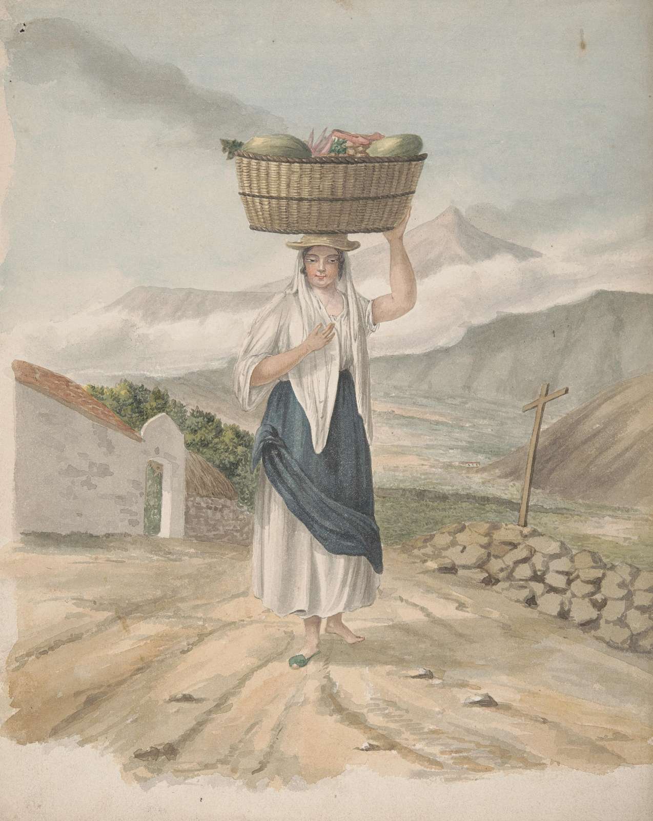 Woman with Fruit Basket Wall Art - Vintage Art