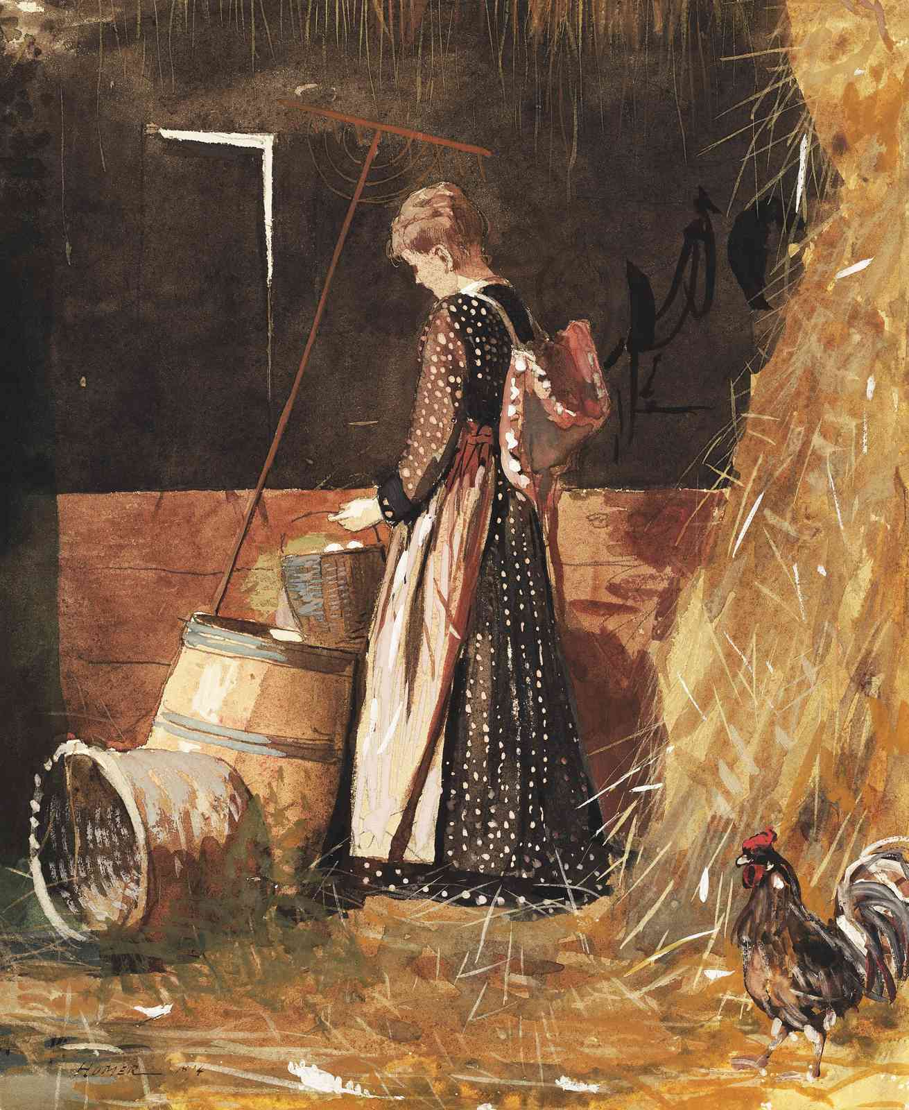 Farmhouse Scene with Woman and Rooster Wall Art