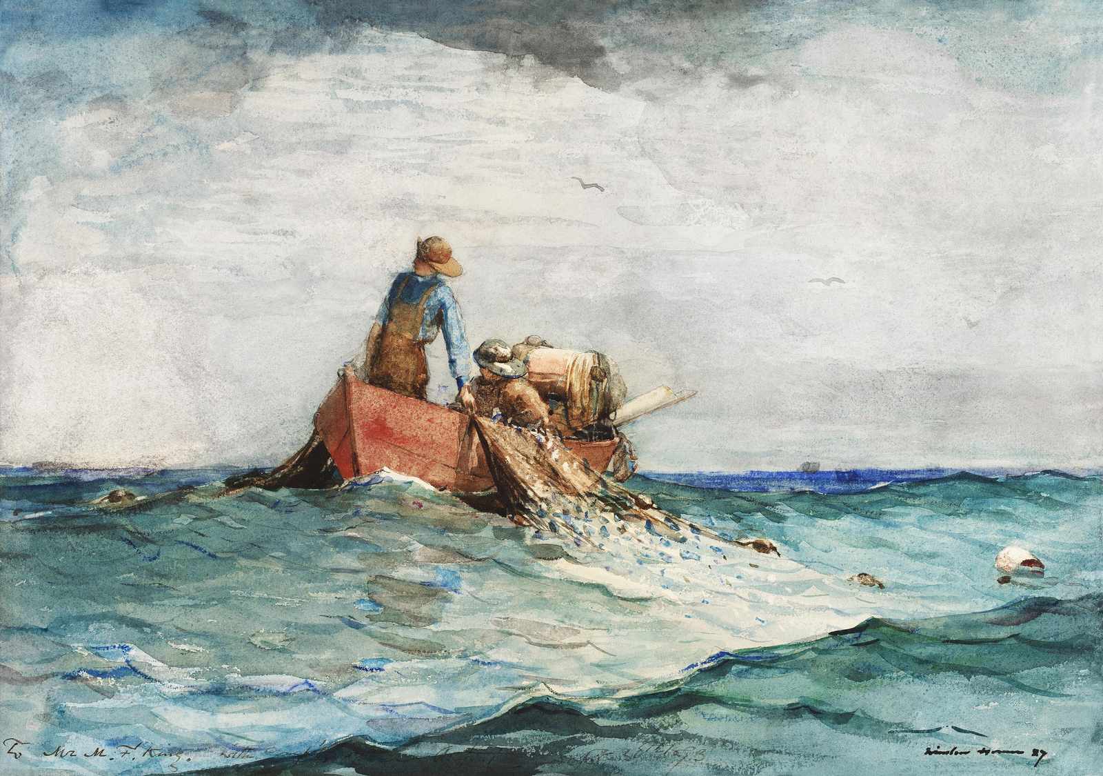 Fishermen in Boat Watercolor Wall Art