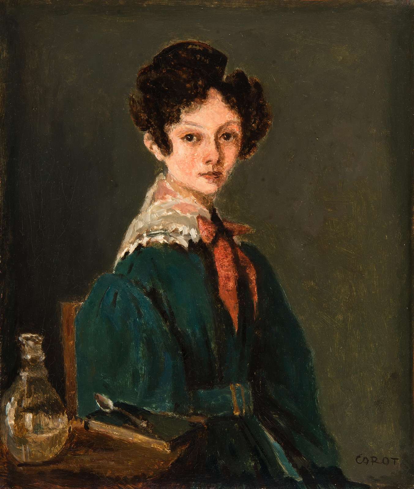 Vintage Portrait Woman Dark Teal Jacket Wall Art