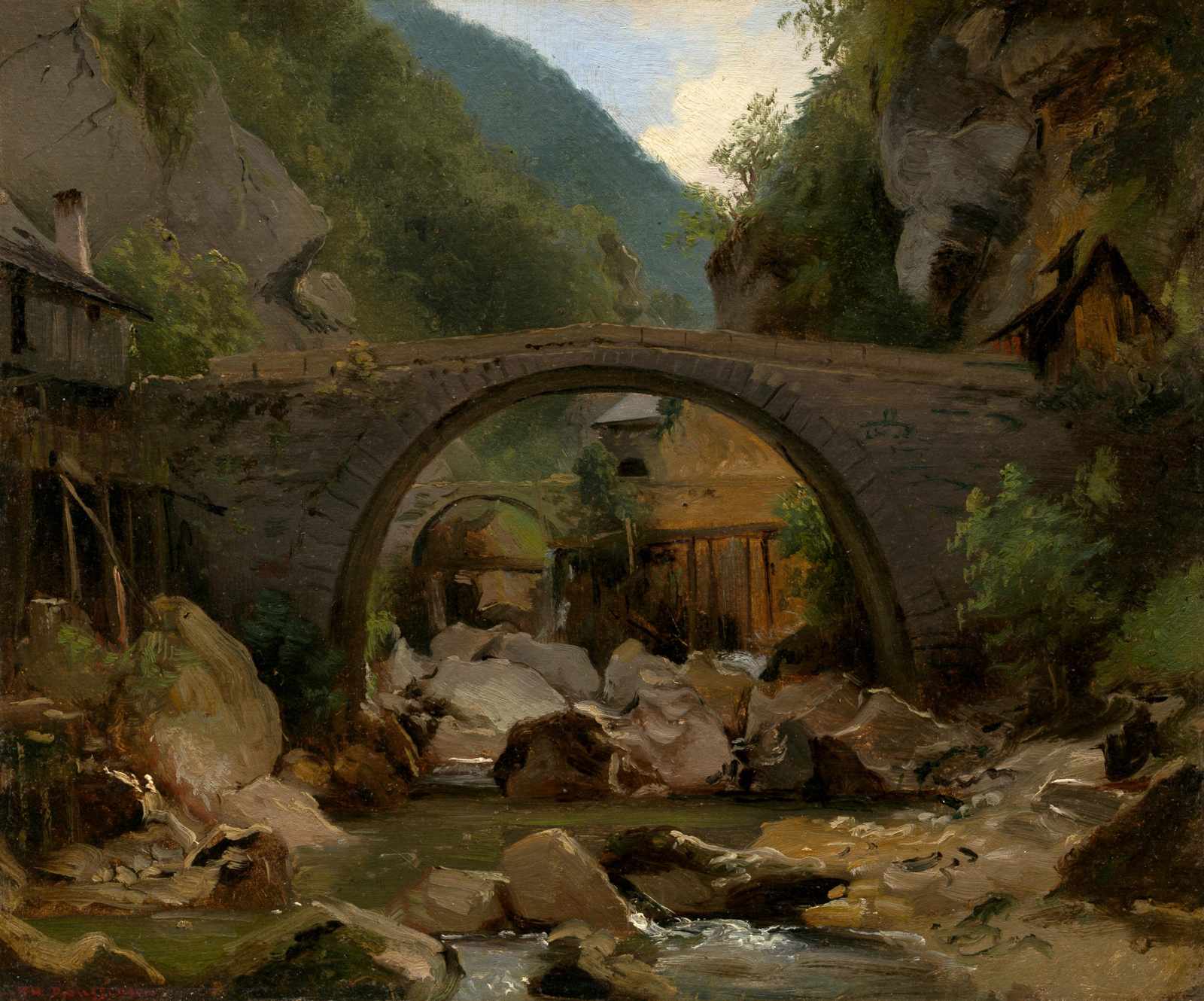 Serene Mountain River Bridge Landscape Wall Art