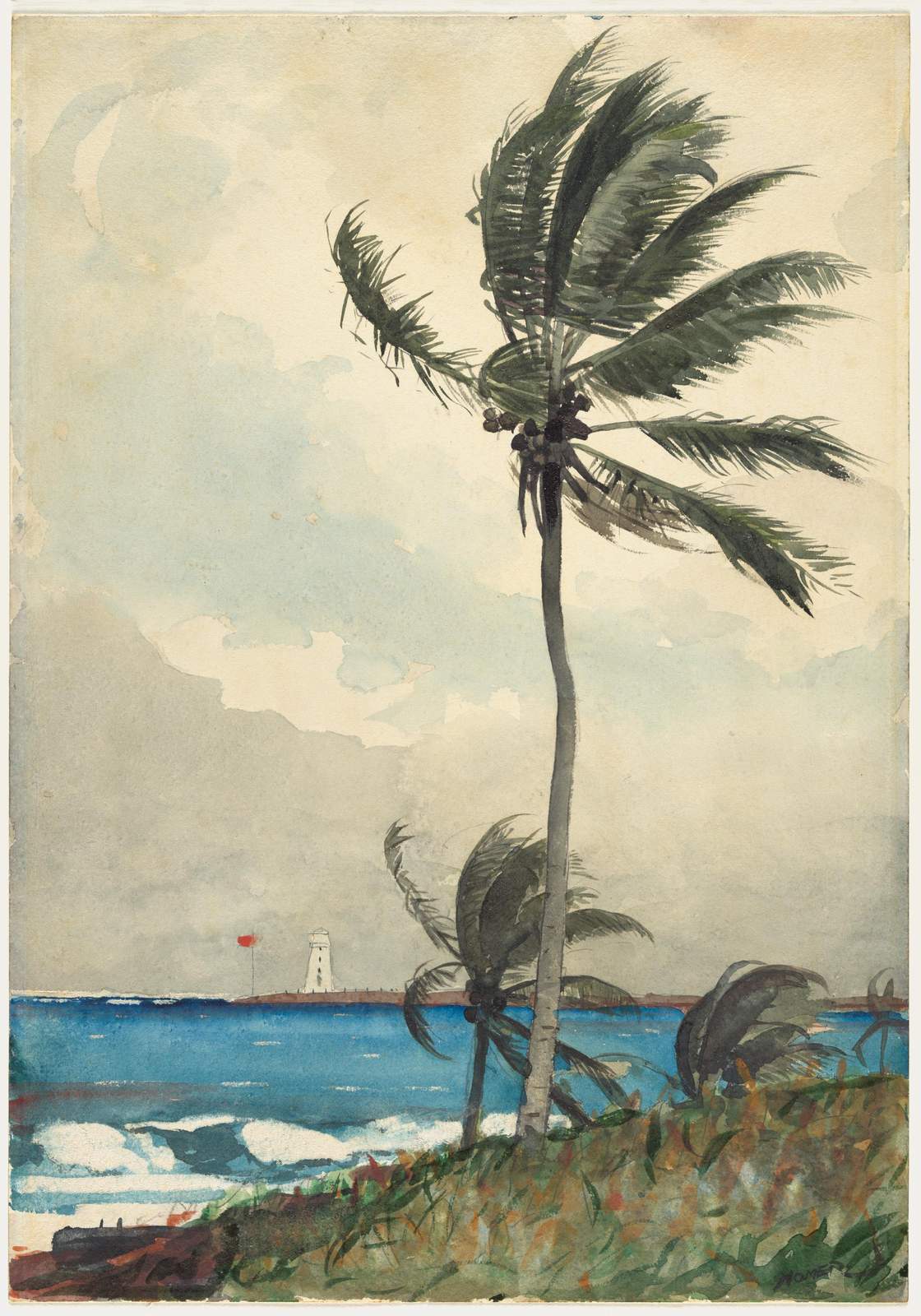 Stormy Coastline Palm Tree Lighthouse Wall Art