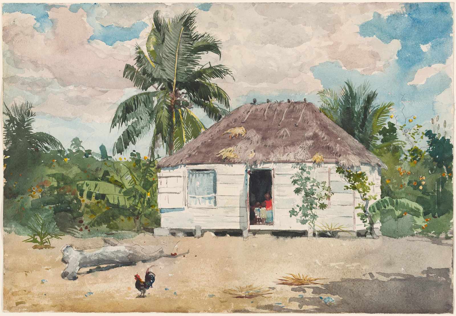 Tropical Hut & Rooster Watercolor Wall Art