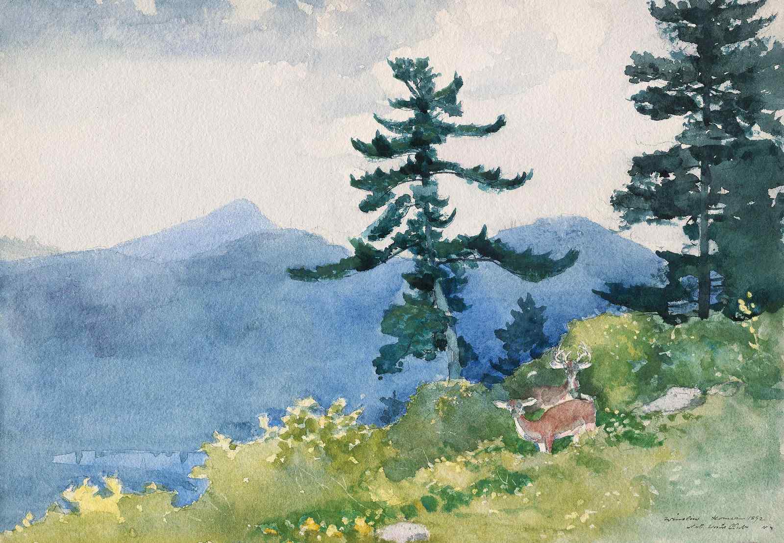 Tranquil Deer Mountain Landscape Watercolor Wall Art