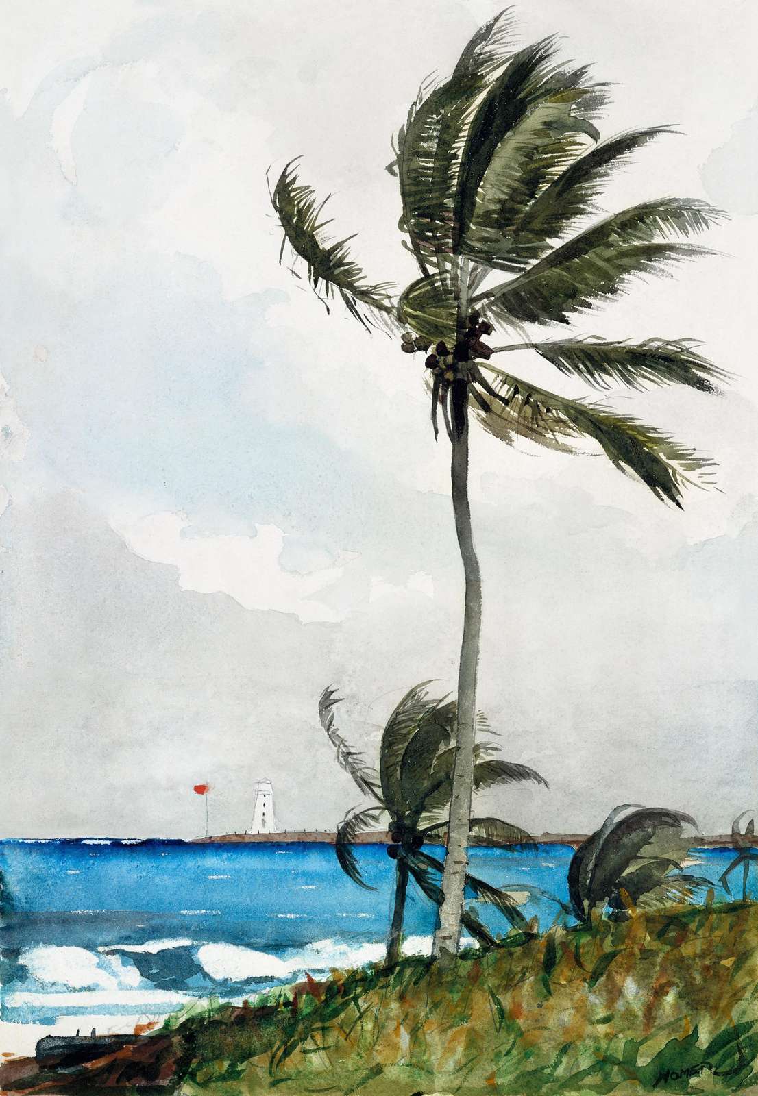 Tropical Storm Palm Trees & Lighthouse Wall Art