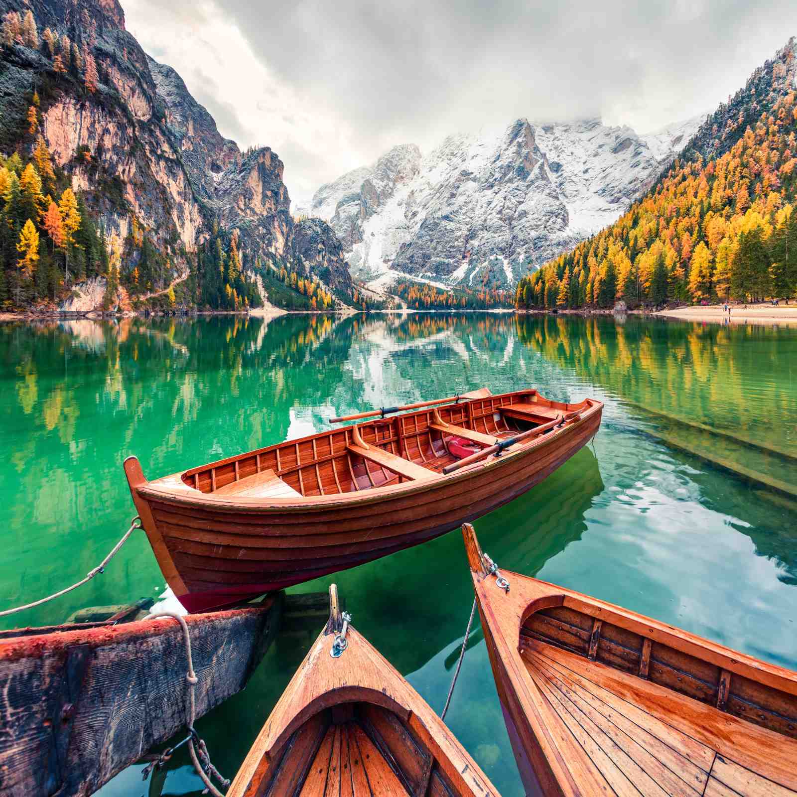 Serene Lake Boats Autumn Mountain Wall Art