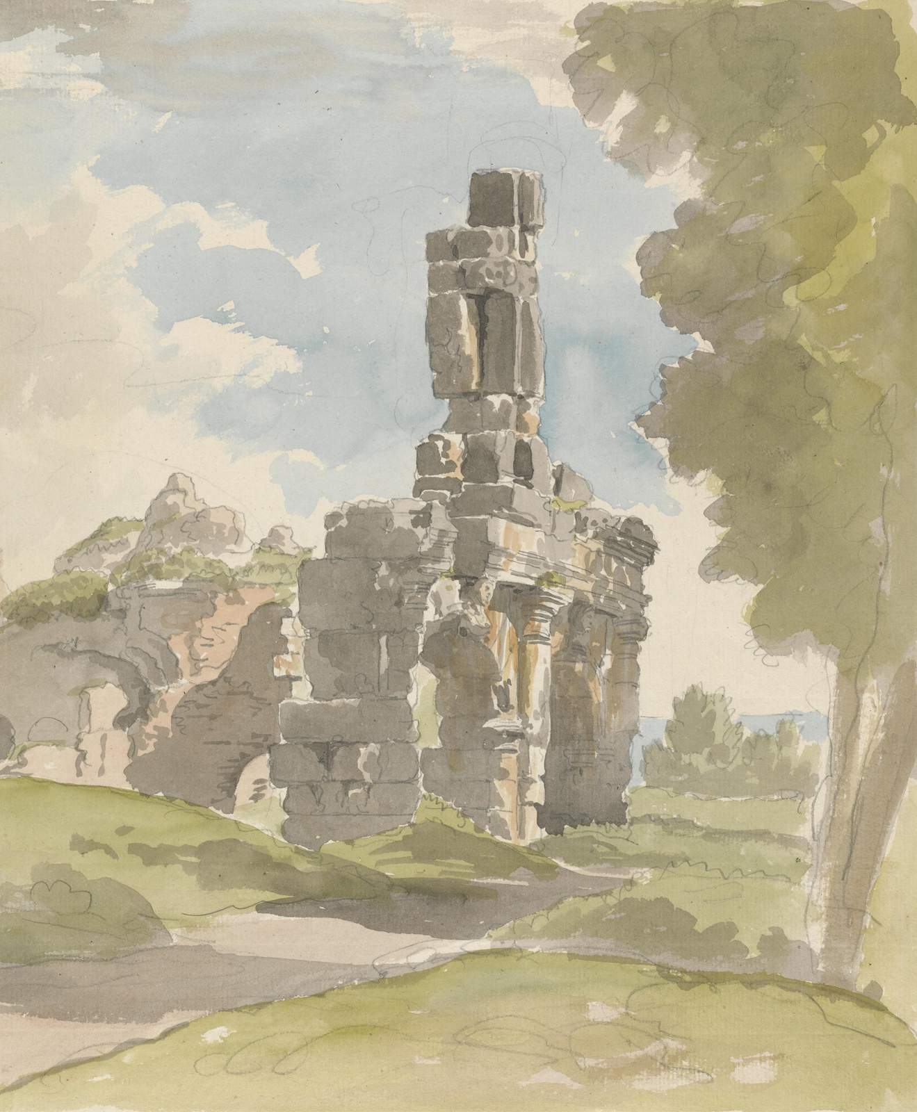 Ancient Ruins Landscape Watercolor Wall Art