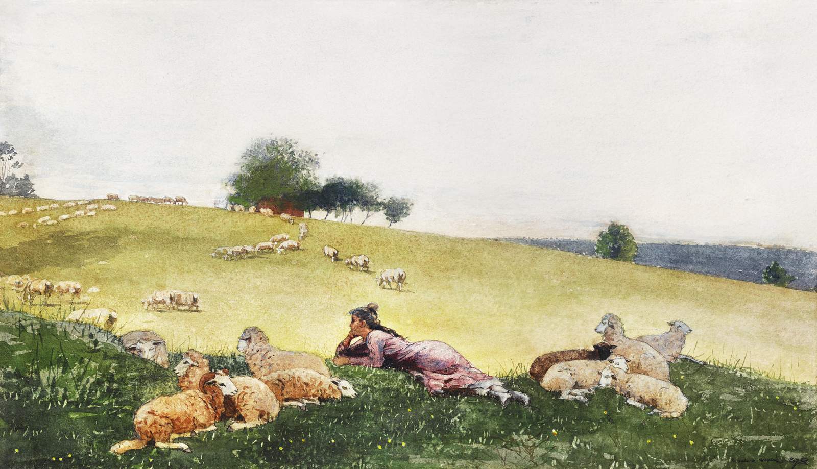 Pastoral Serenity Sheep Shepherdess Landscape Wall Art