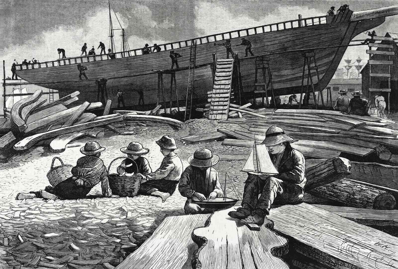 Vintage Shipyard Scene Wall Art