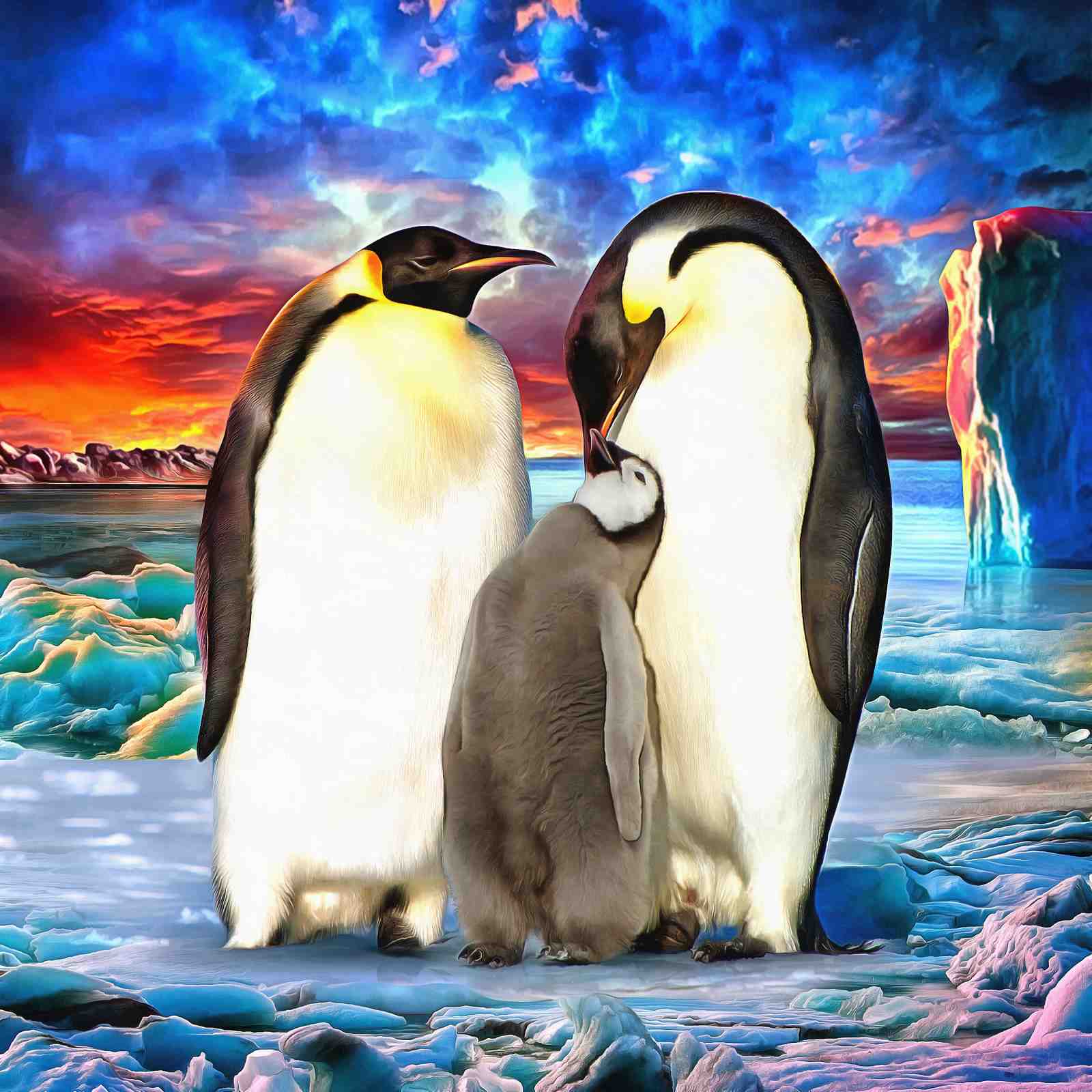 Emperor Penguin Family Sunset Wall Art