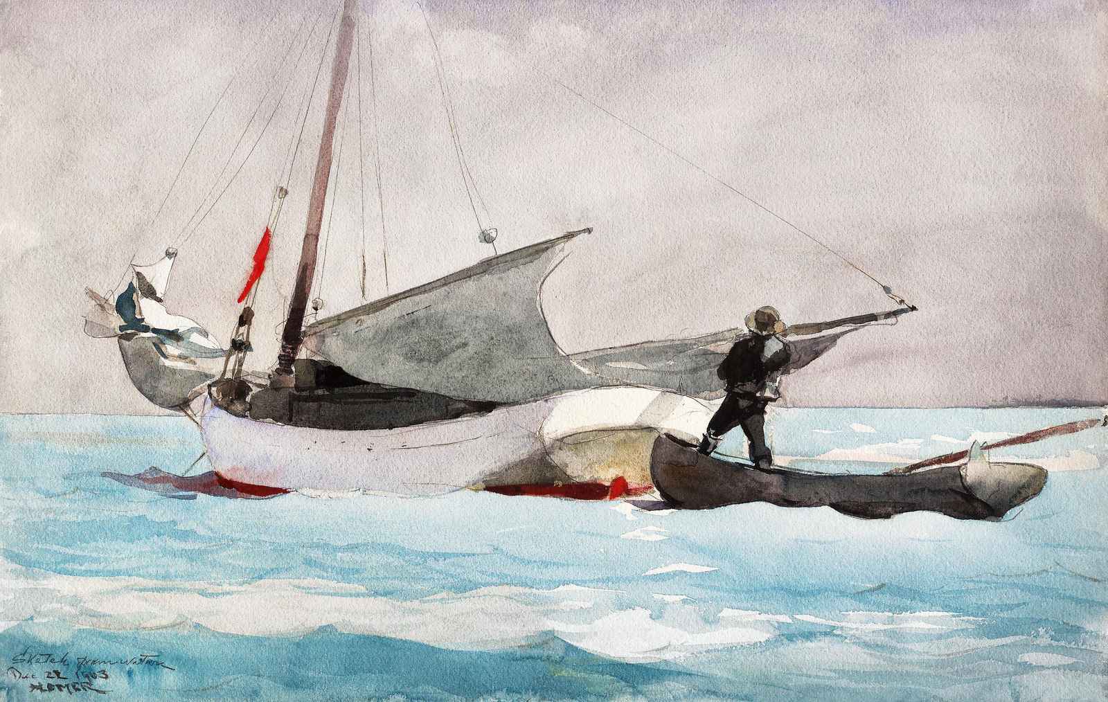 Nautical Sailboat & Fisherman Watercolor Wall Art