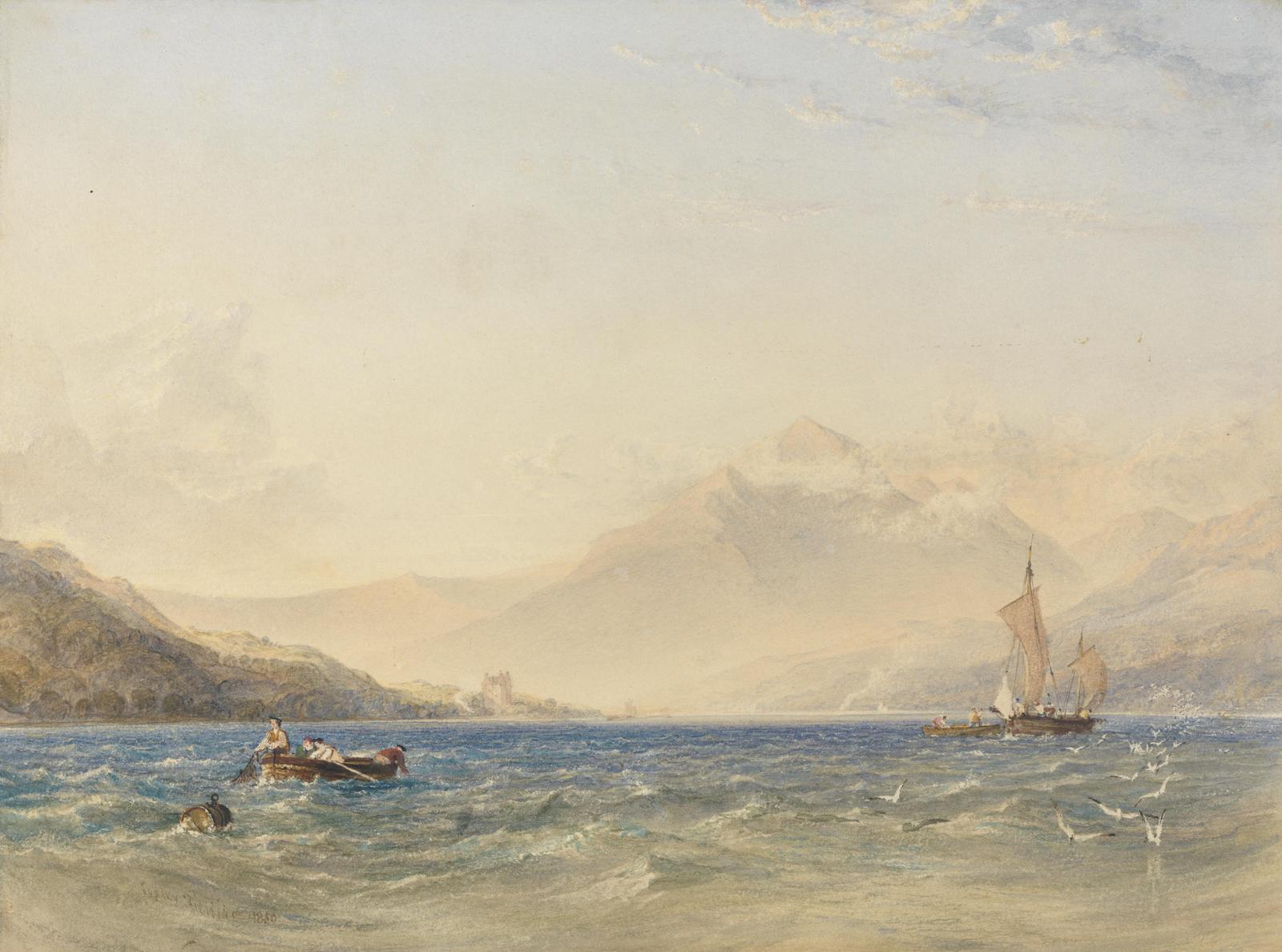 Serene Lake Landscape with Boats Wall Art