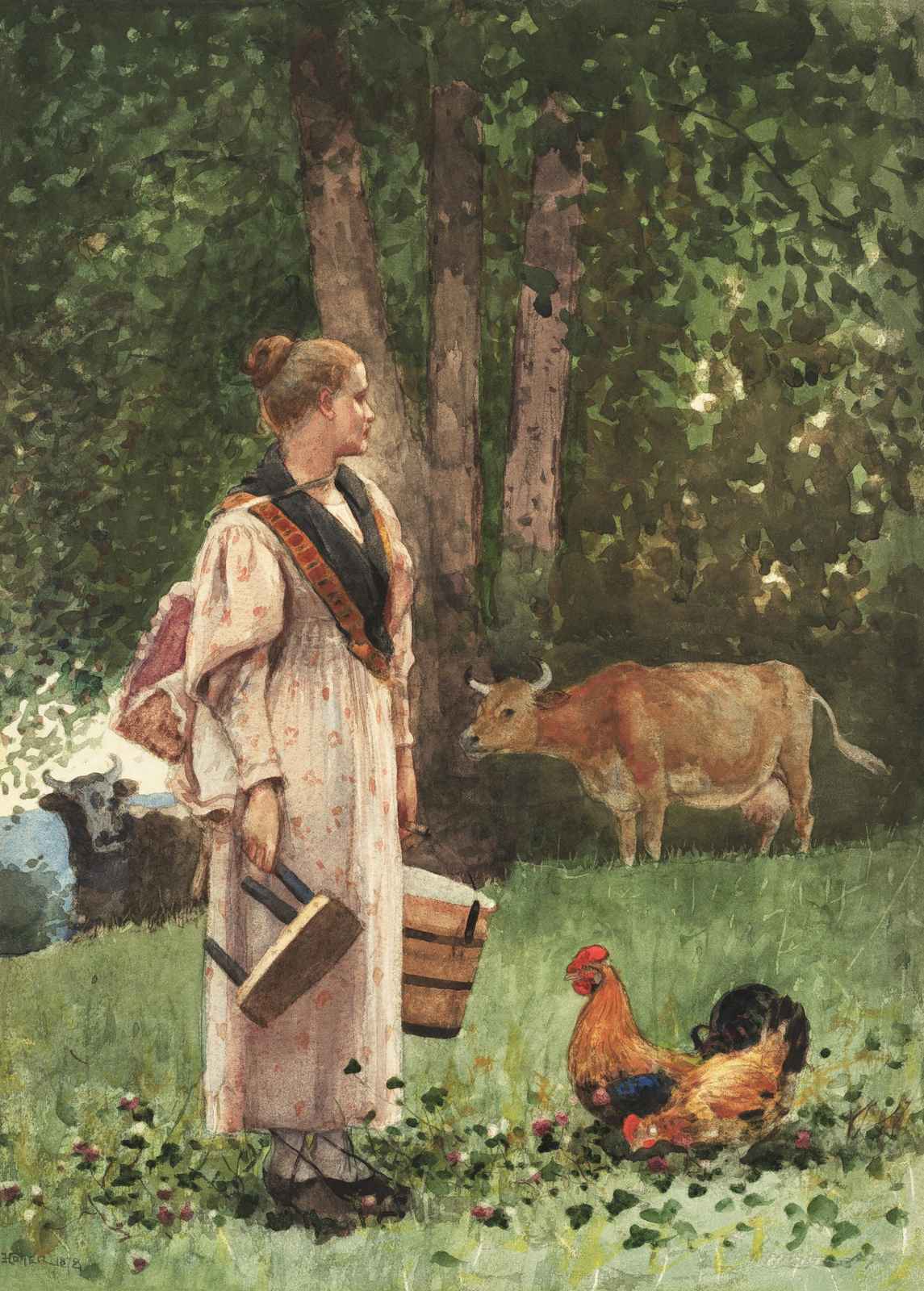 Pastoral Farm Scene Woman & Animals Wall Art