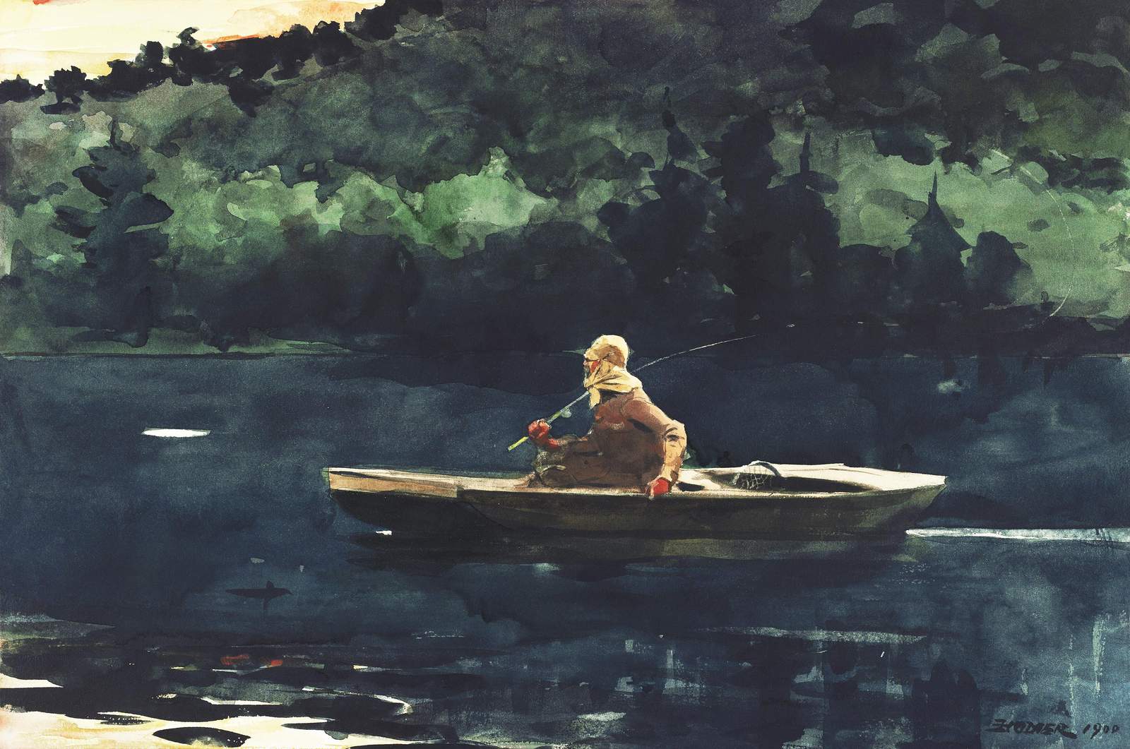Serene Fishing Scene Watercolor Wall Art