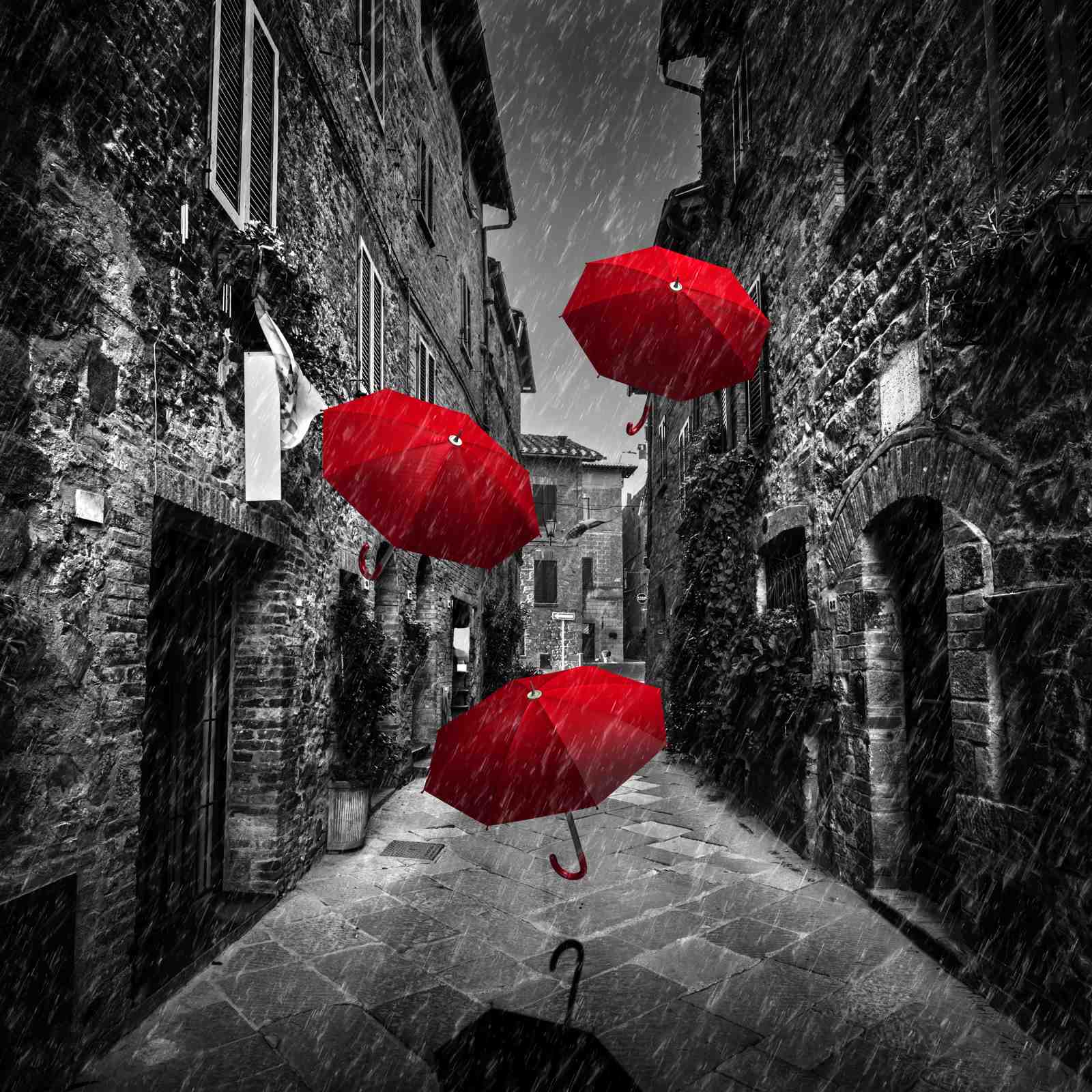 Vibrant Red Umbrellas Rainy Alley Wall Art
