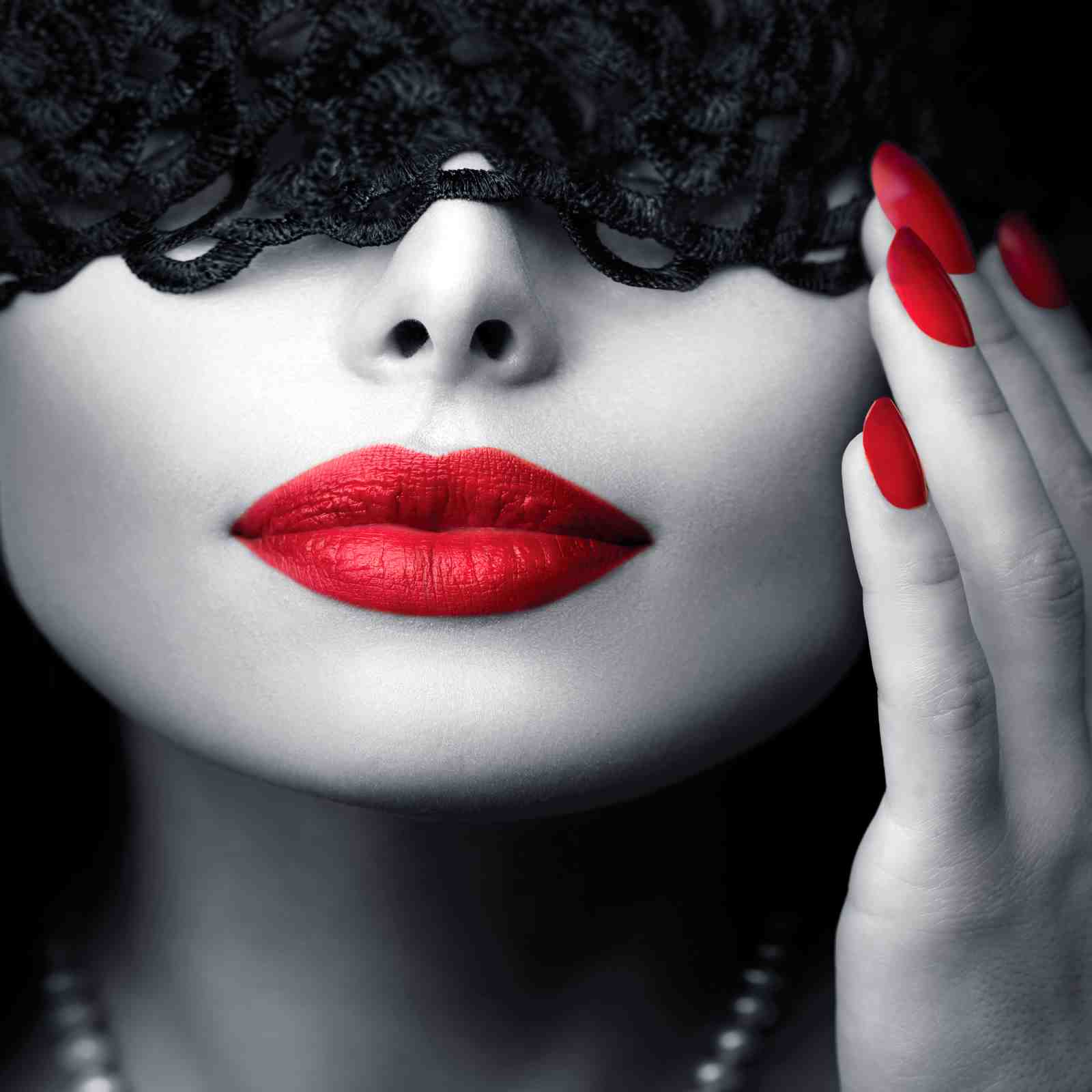 Bold Red Lips Lace Mask Glamour Wall Art