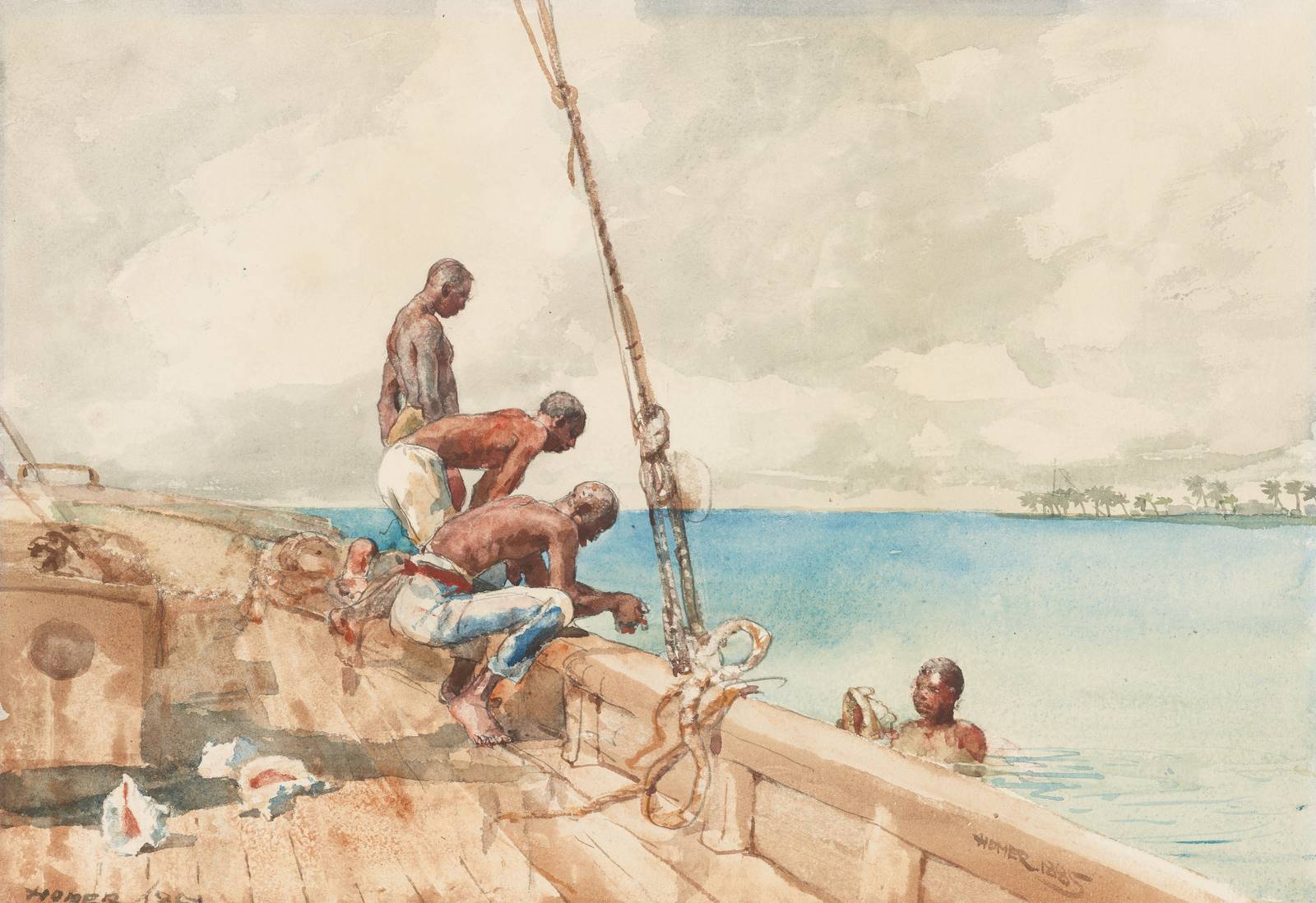 Tropical Seascape Nautical Men in Boat Wall Art