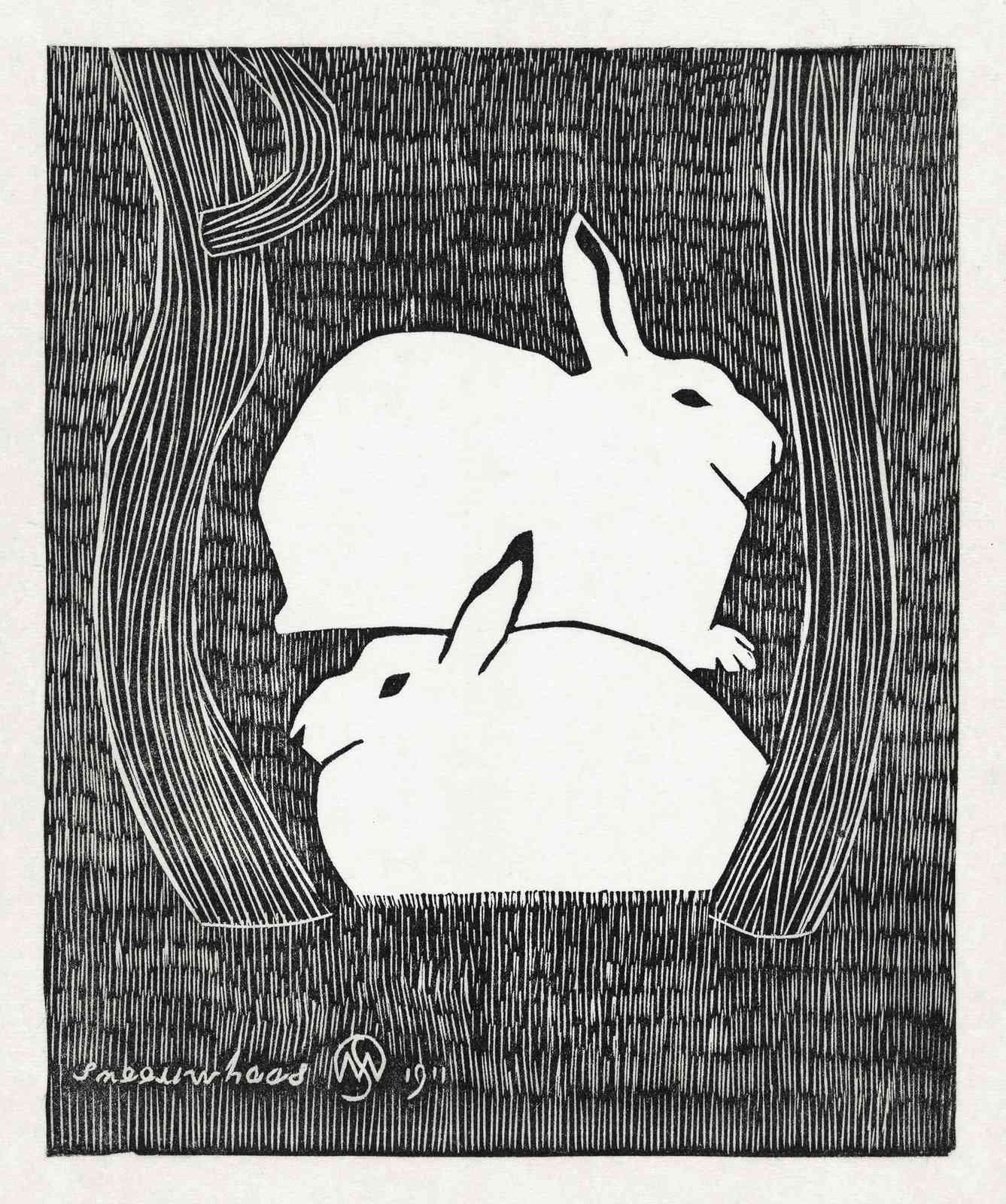 Charming Rabbits in Forest Black & White Wall Art