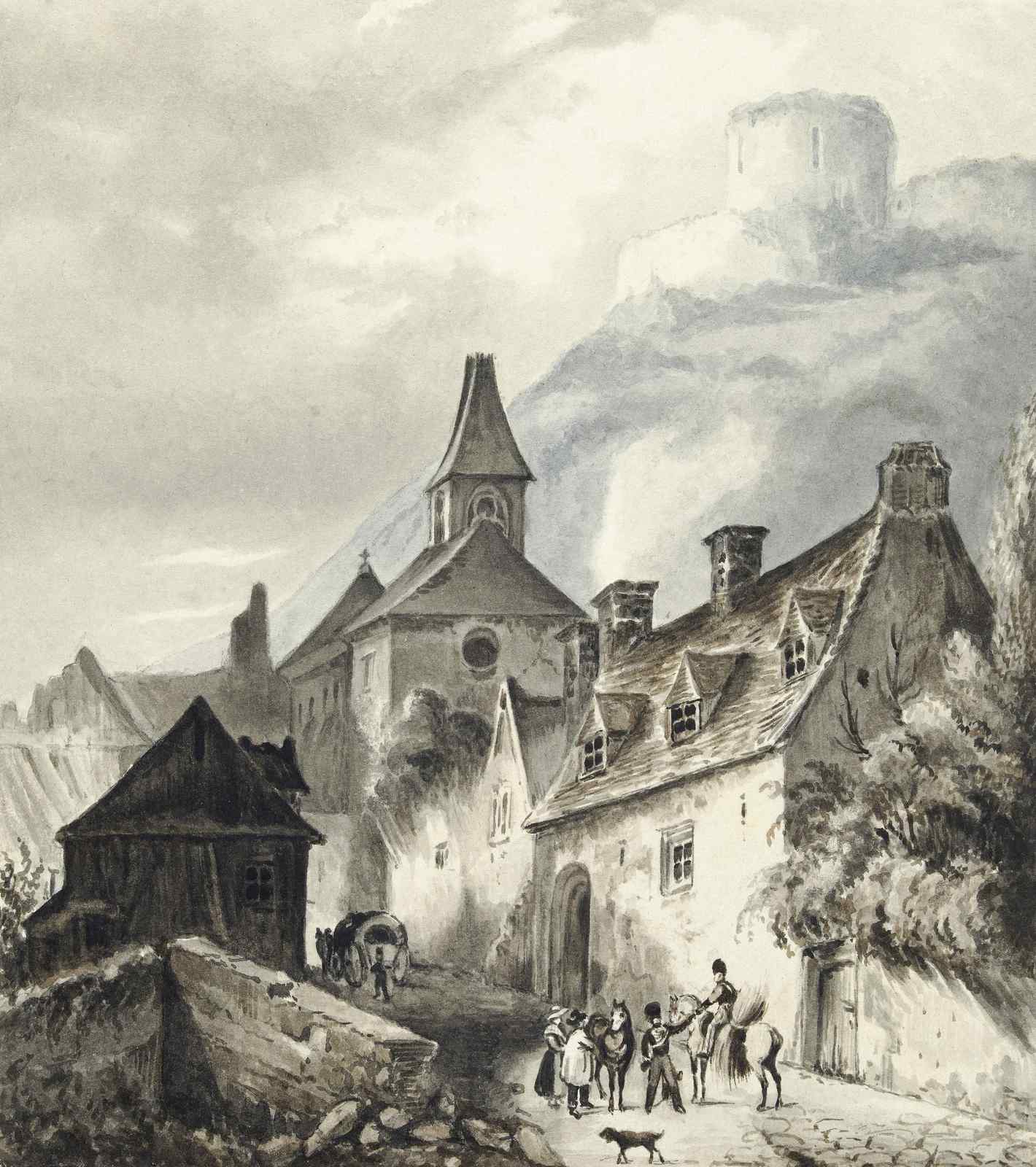 Vintage Village Scene with Castle Wall Art