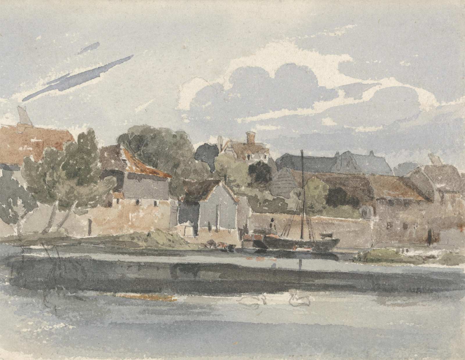Serene Waterfront Village Watercolor Wall Art