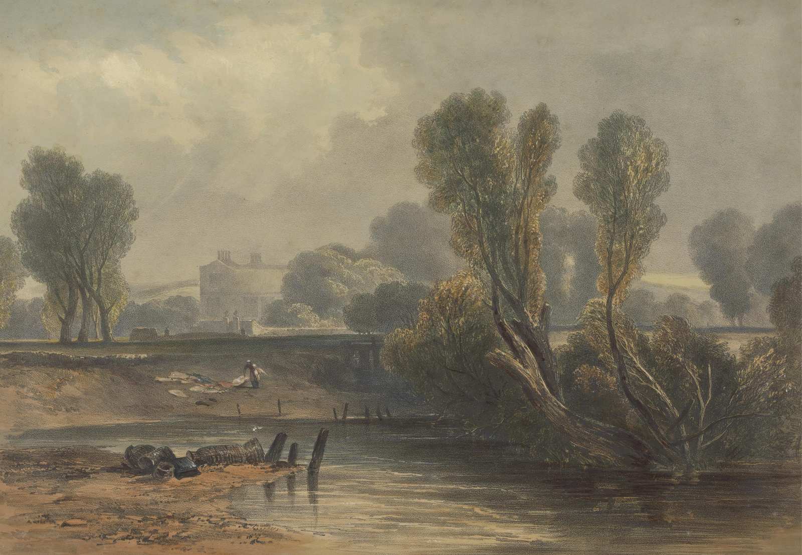 Serene Riverside Landscape Watercolour Wall Art