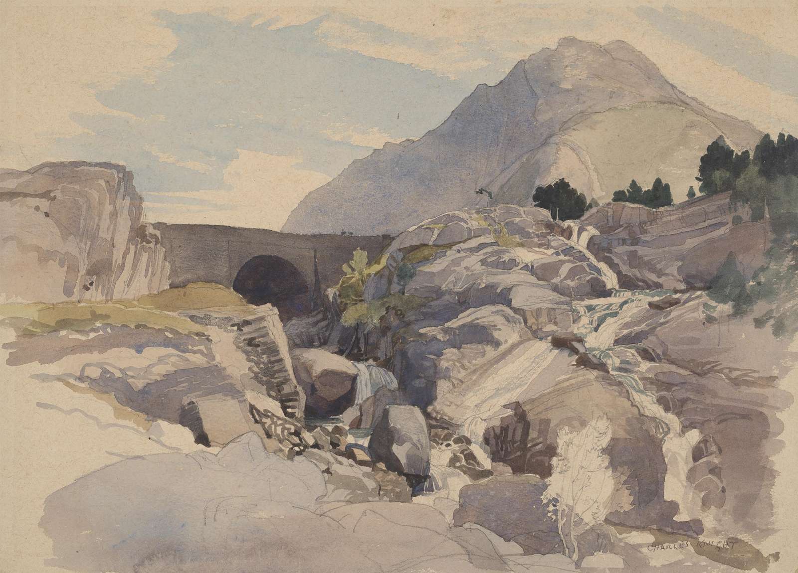 Mountain Bridge & Waterfall Landscape Wall Art
