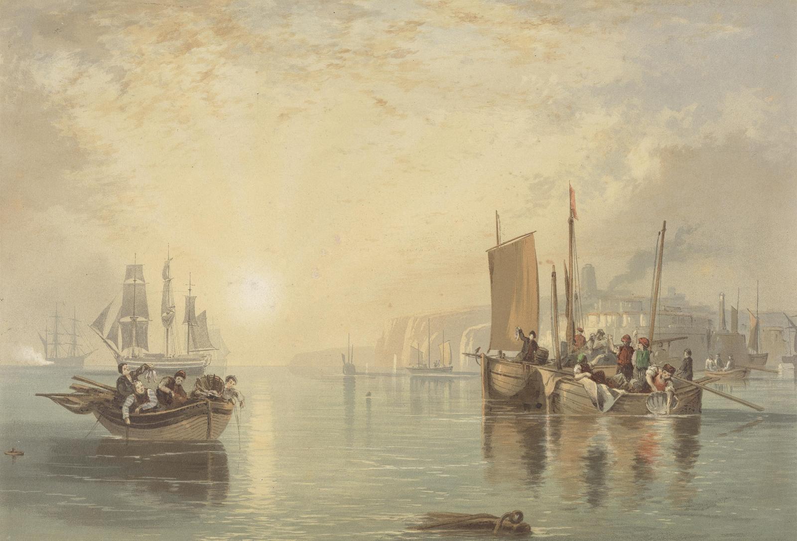 Vintage Harbor Scene Boats & Figures Wall Art