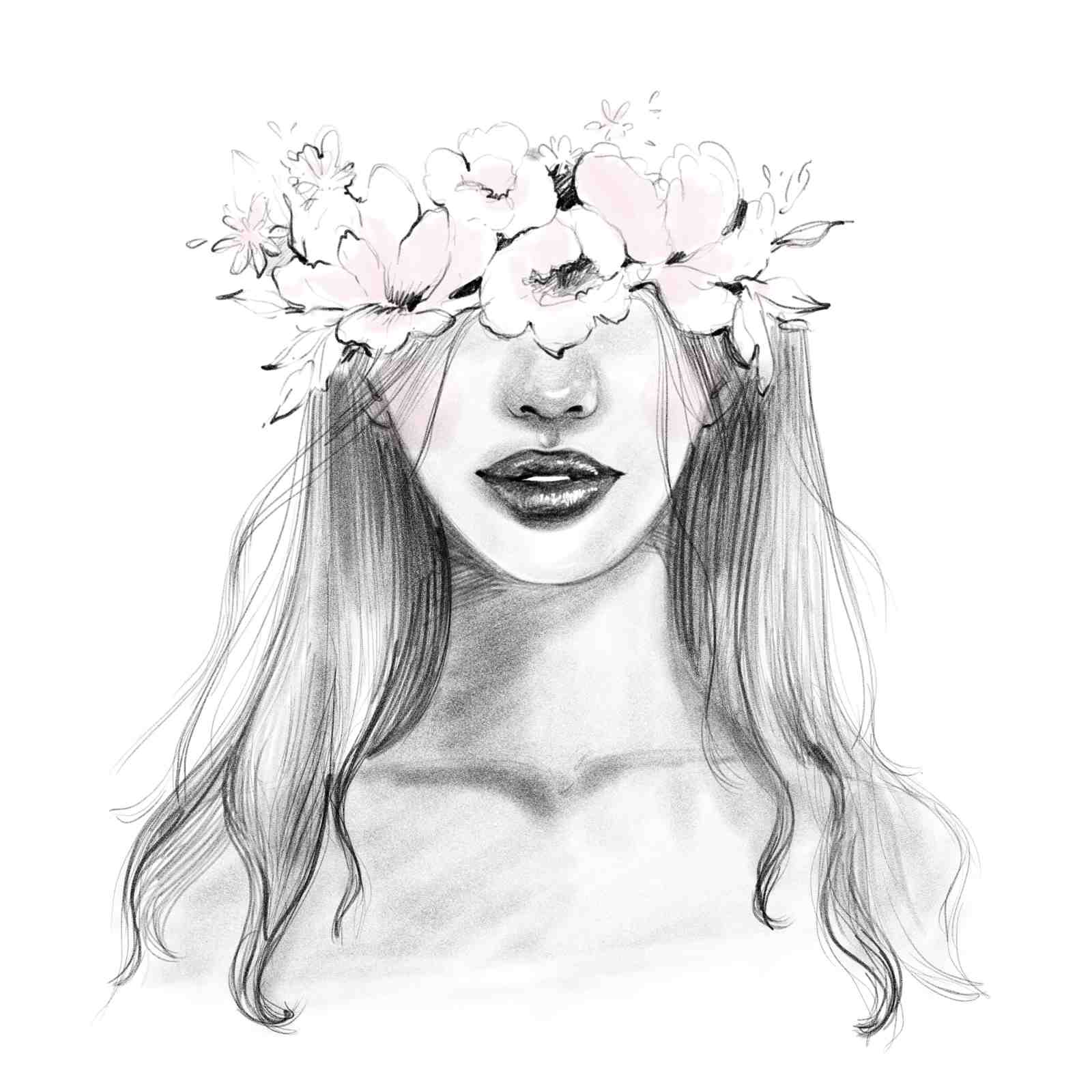 Ethereal Floral Crown Woman Sketch Wall Art