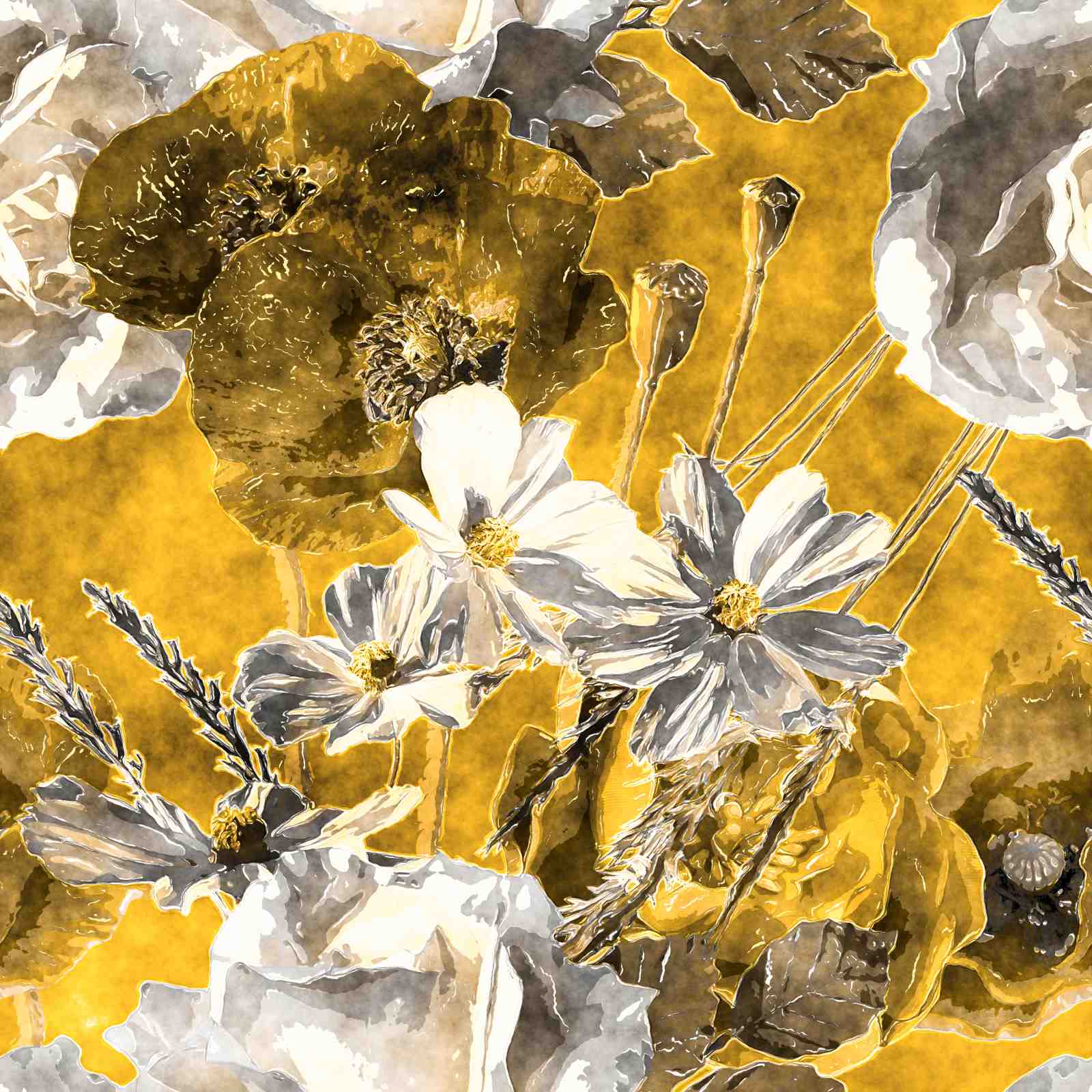 Golden Floral Watercolor Wall Art Wall Art