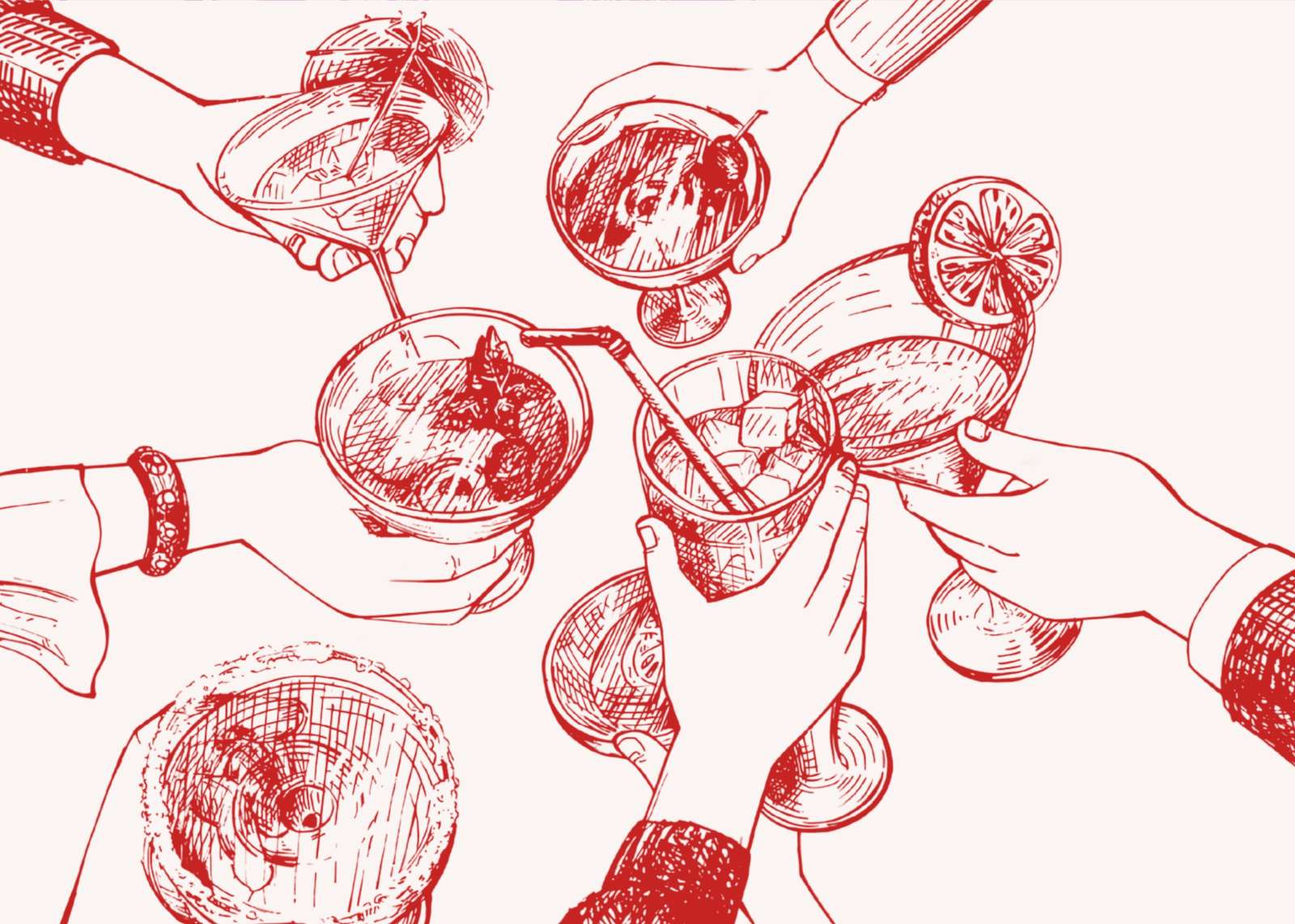 Cheers Cocktail Toast Red Sketch Wall Art