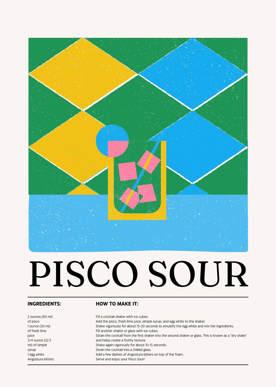 Retro Pisco Sour Cocktail Recipe Wall Art