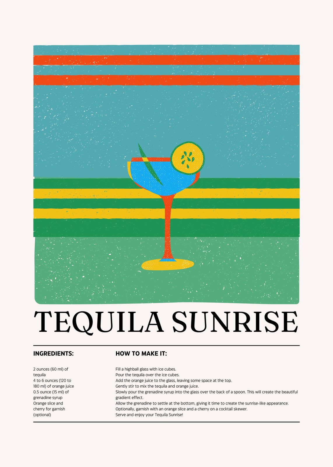 Retro Tequila Sunrise Cocktail Recipe Wall Art