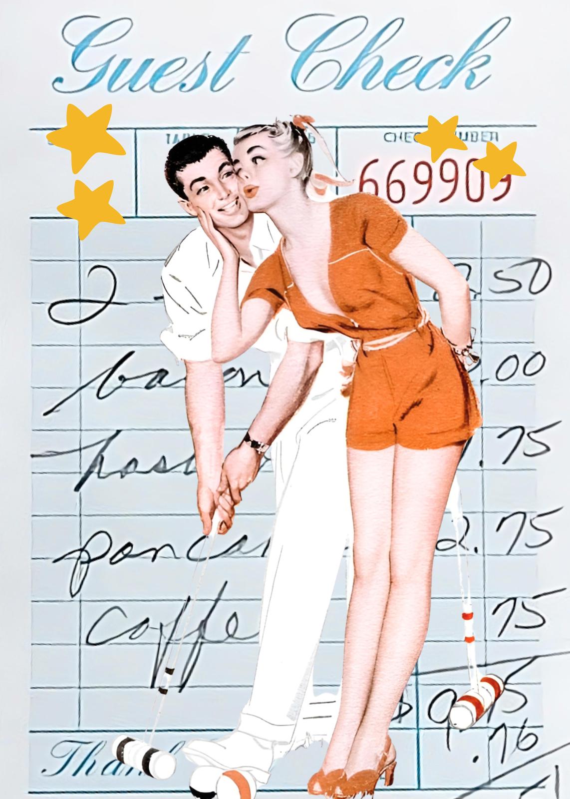 Retro Couple Kiss Guest Check Wall Art