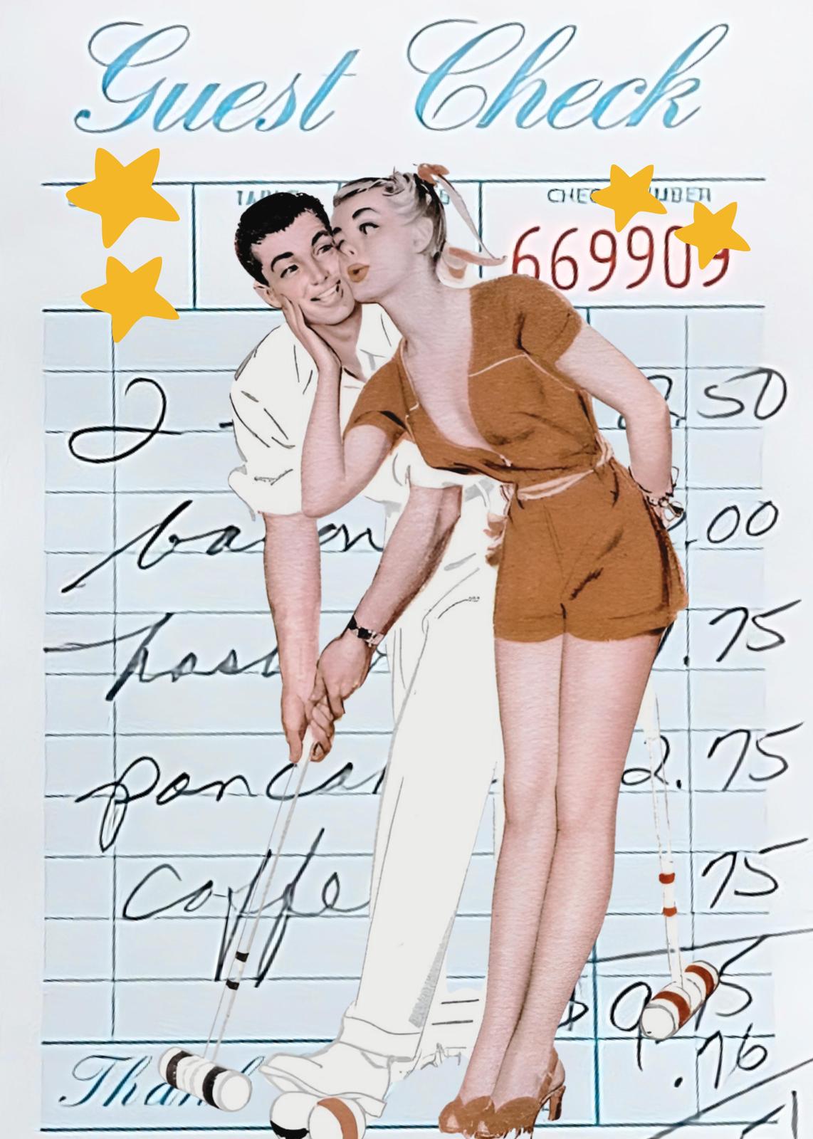 Retro Couple Kissing Croquet Guest Check Wall Art