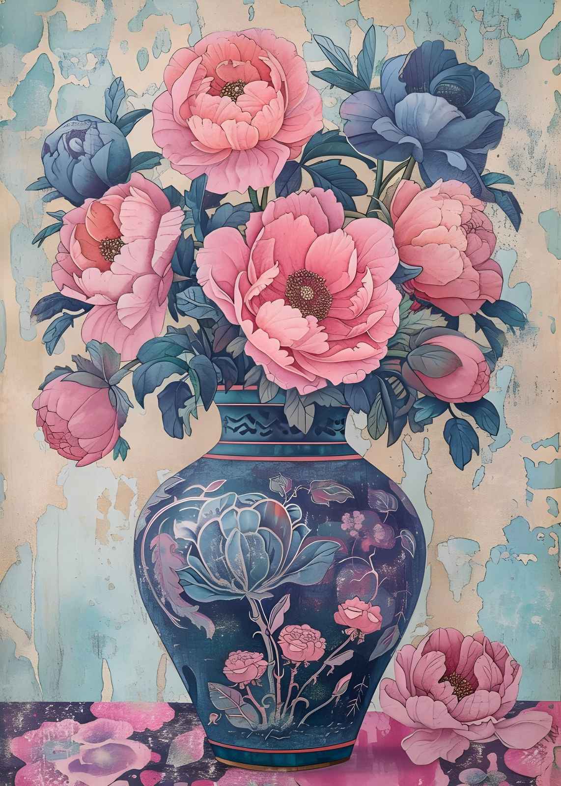 Vintage Peony Floral Vase Wall Art