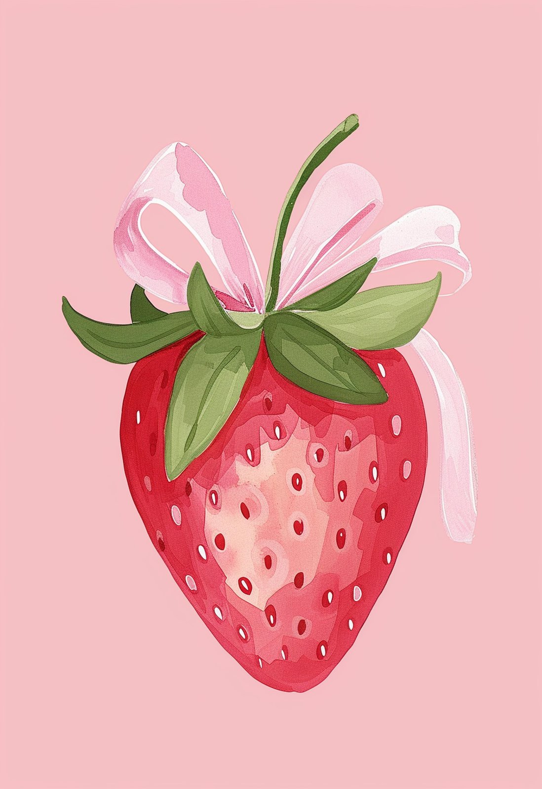 Sweet Strawberry Bow Watercolor Wall Art
