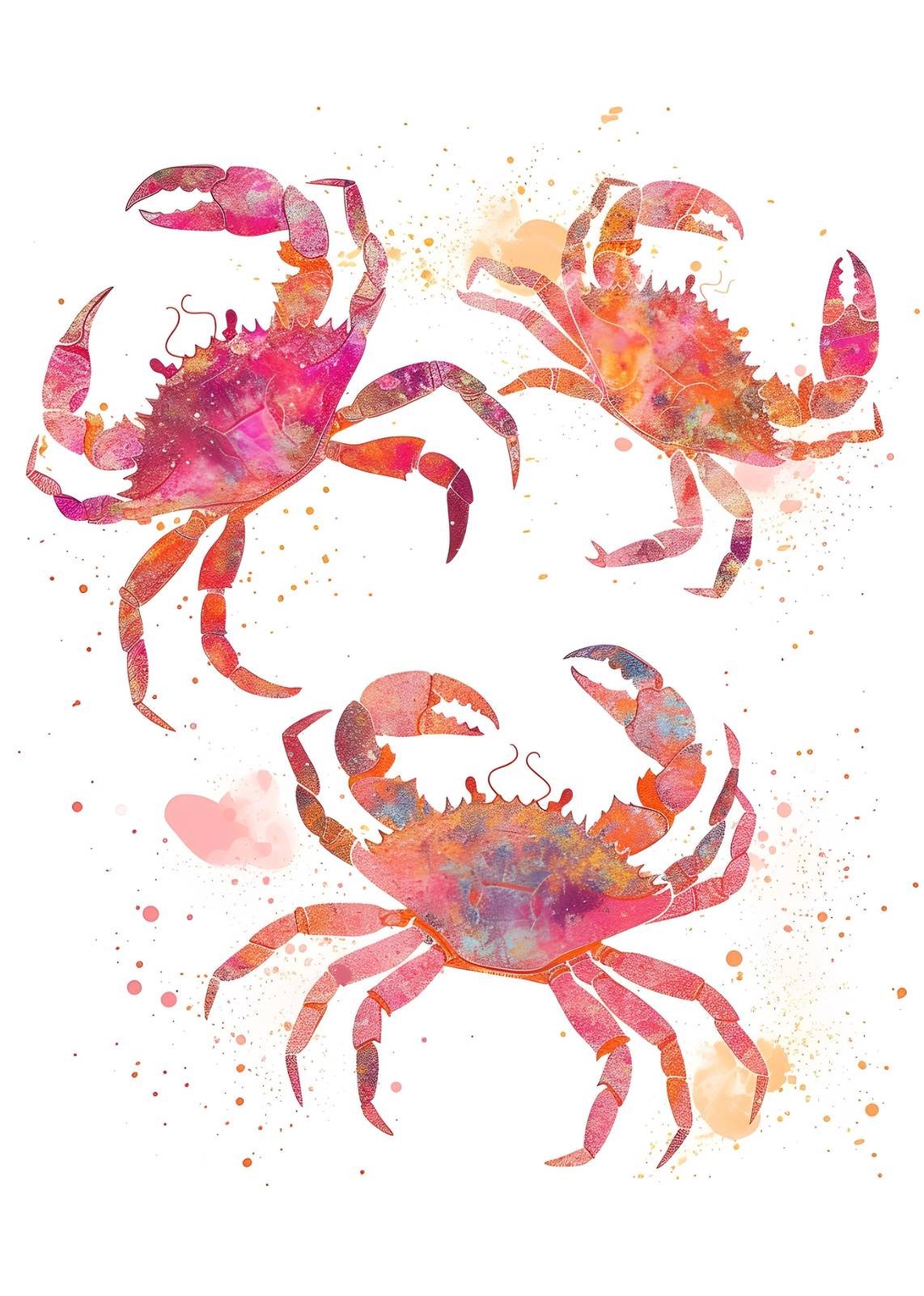 Vibrant Watercolor Crab Trio Wall Art