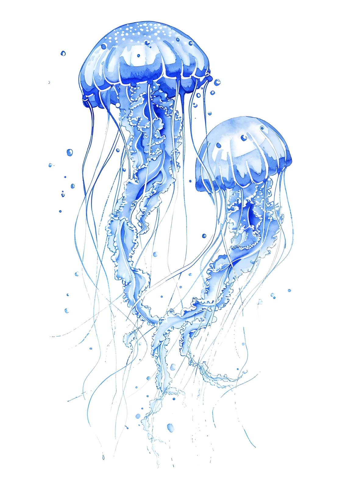 Serene Blue Jellyfish Duo Watercolor Wall Art
