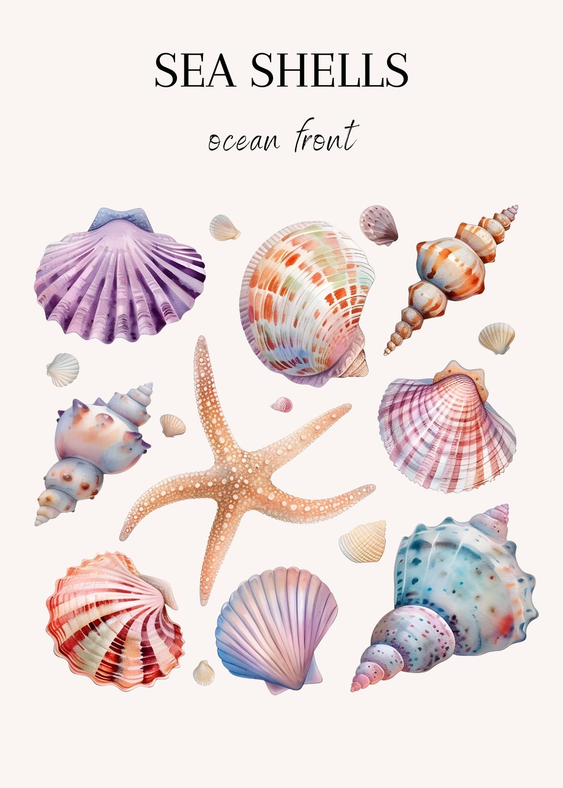 Vibrant Watercolor Sea Shells Wall Art Wall Art