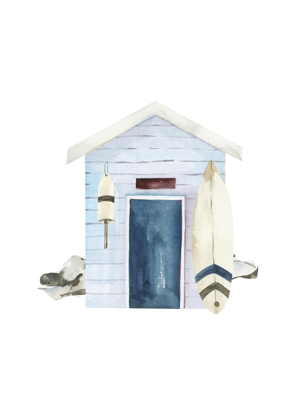 Serene Beach Hut & Surfboard Watercolor Wall Art