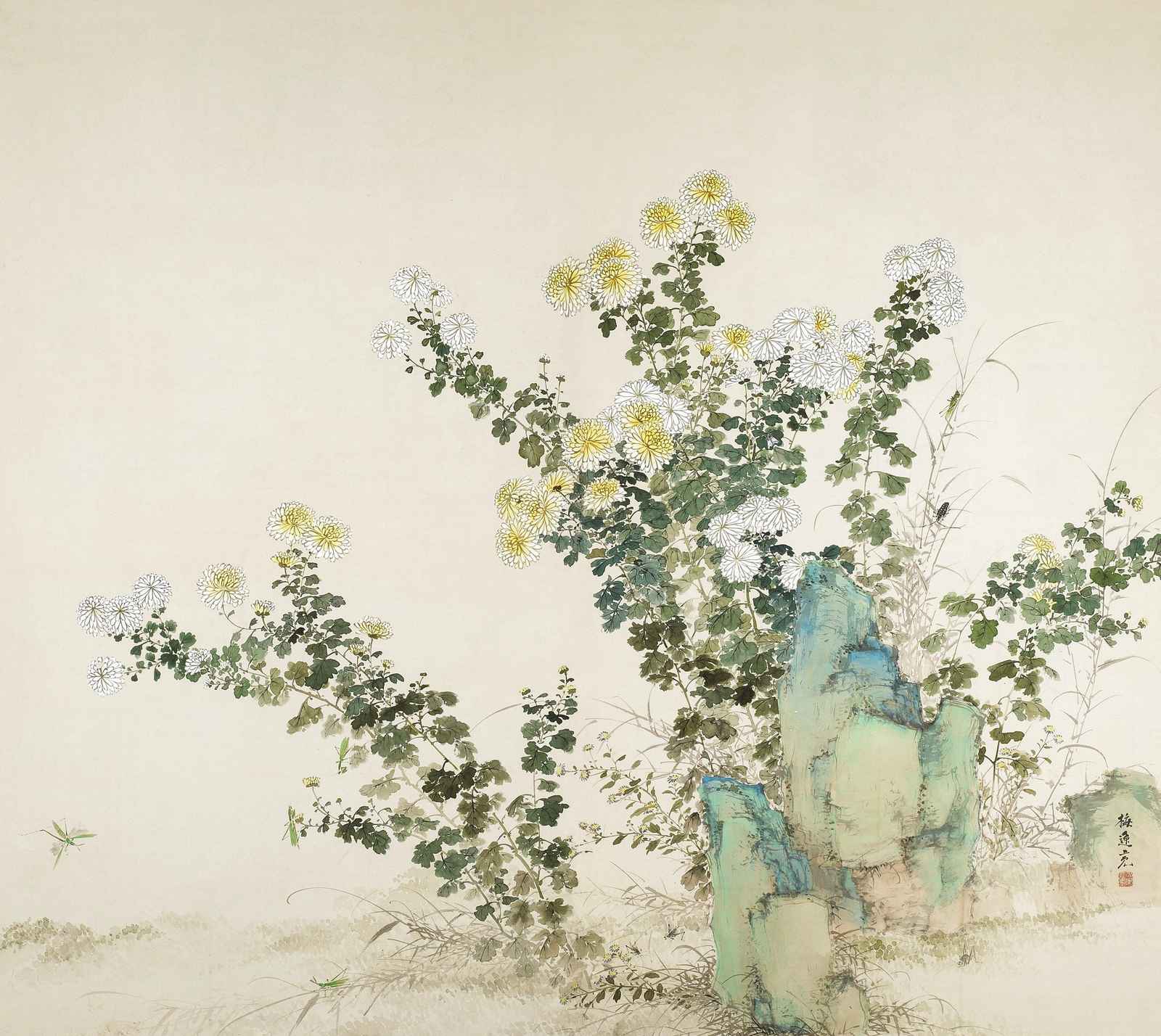 Chrysanthemum & Rock Japanese Art Wall Art