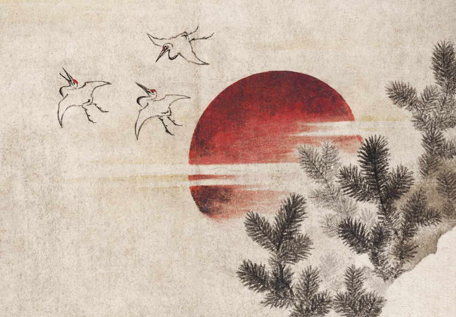 Serene Cranes Red Sun Japanese Art Wall Art